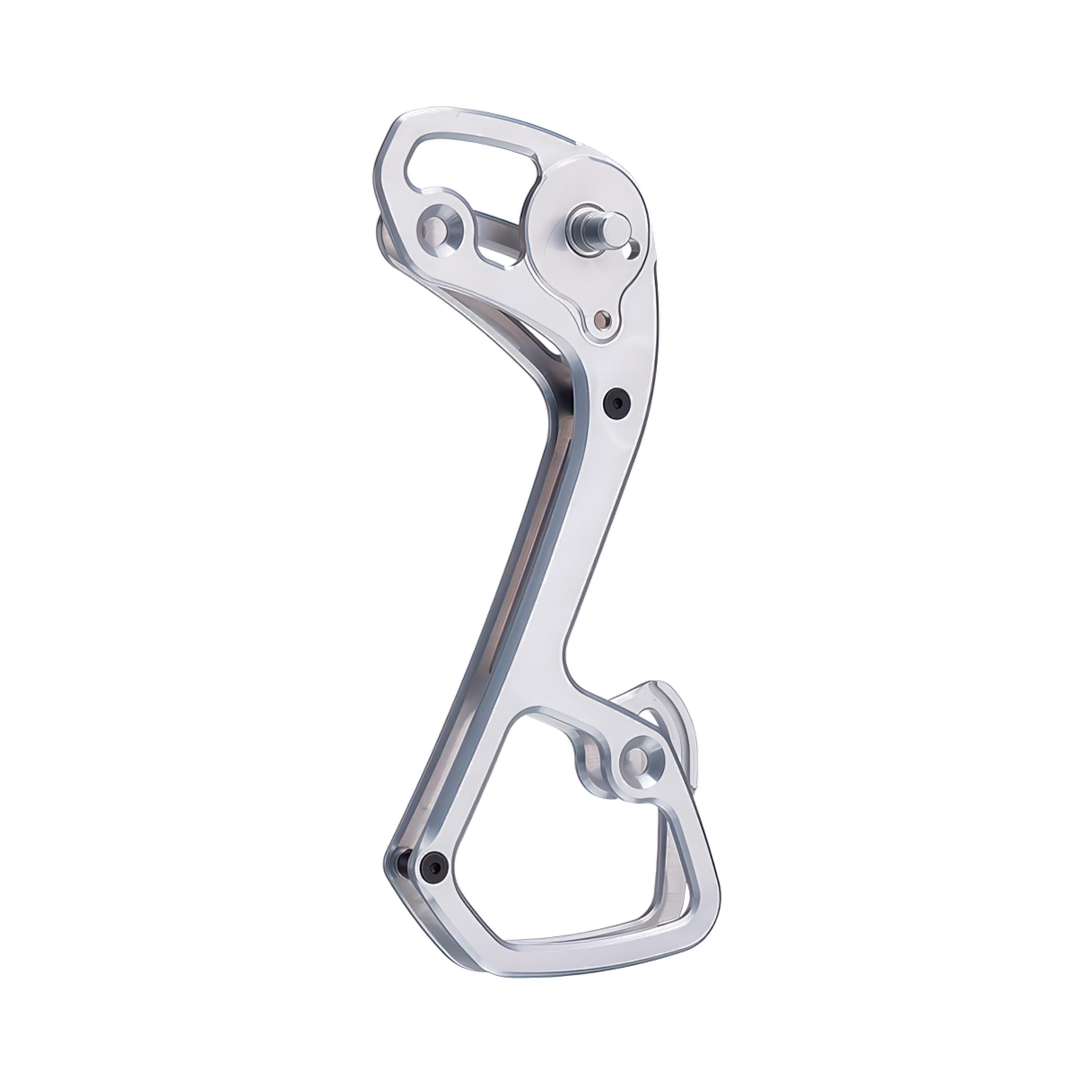 Garbaruk rear derailleur cage for Shimano 11-speed, shown in silver, CNC-machined for strength, weight savings, and extended gear range