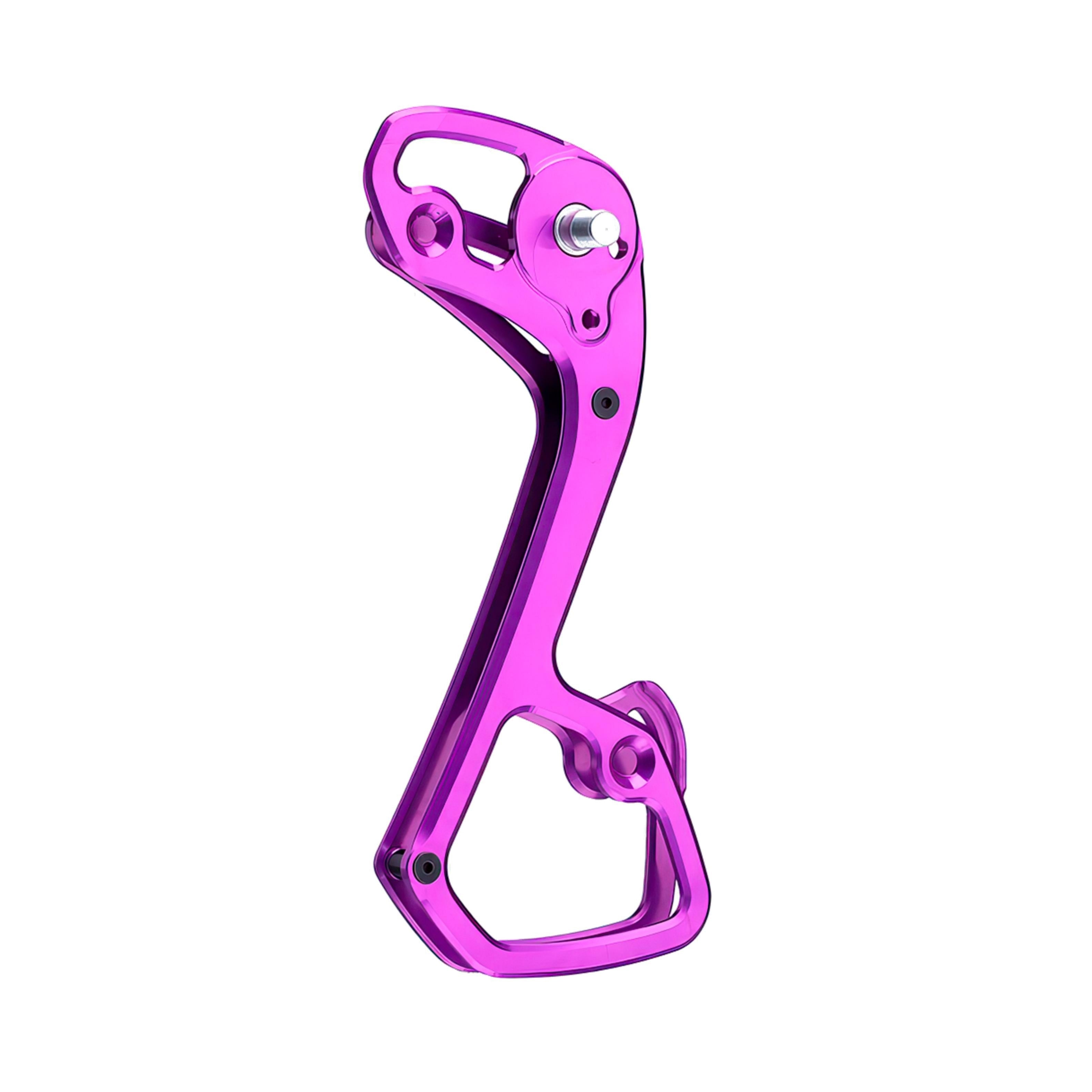 Garbaruk rear derailleur cage for Shimano 11-speed, shown in violet, CNC-machined for strength, weight savings, and extended gear range