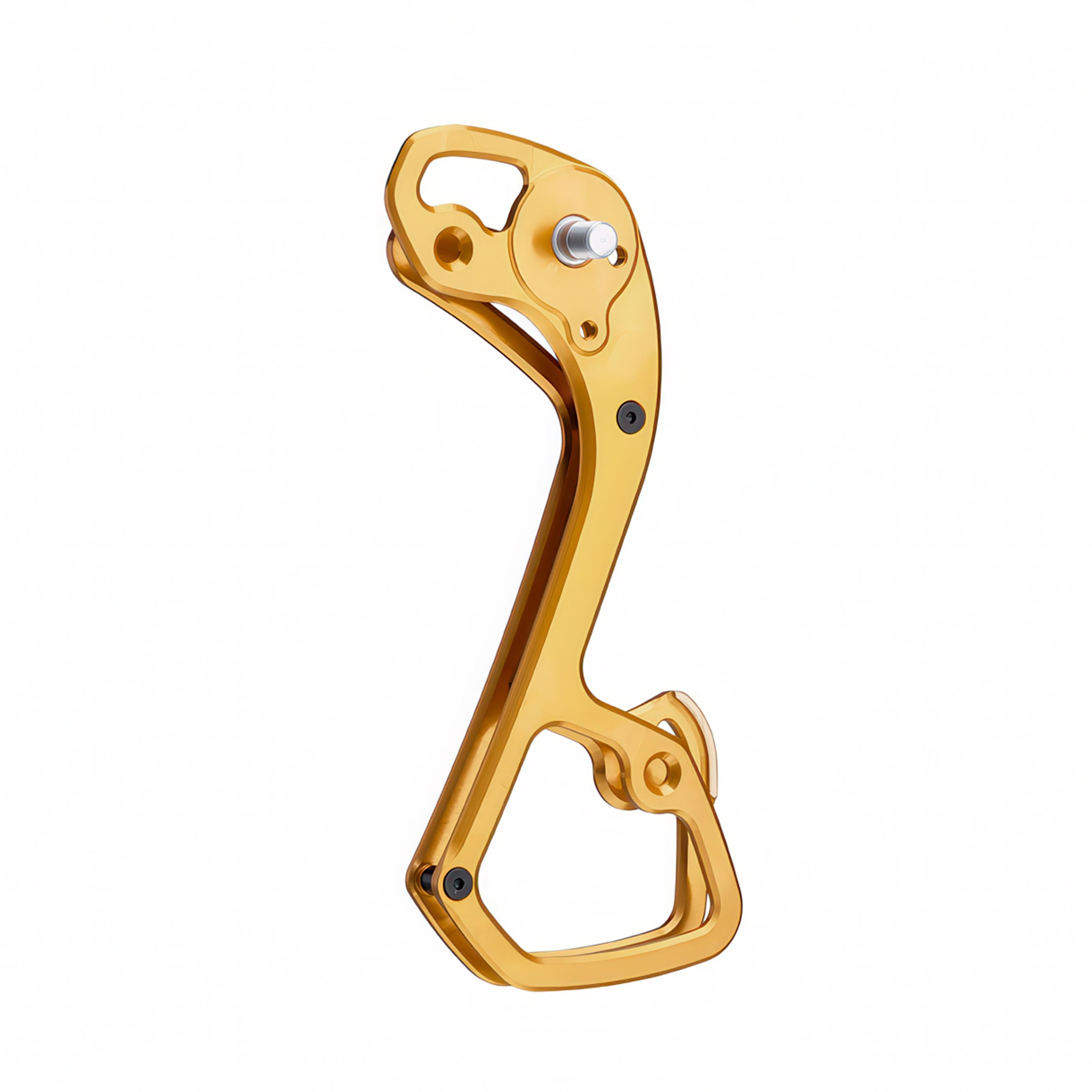 Garbaruk rear derailleur cage for Shimano GRX 11-speed, shown in gold, CNC-machined for improved range and lightweight performance