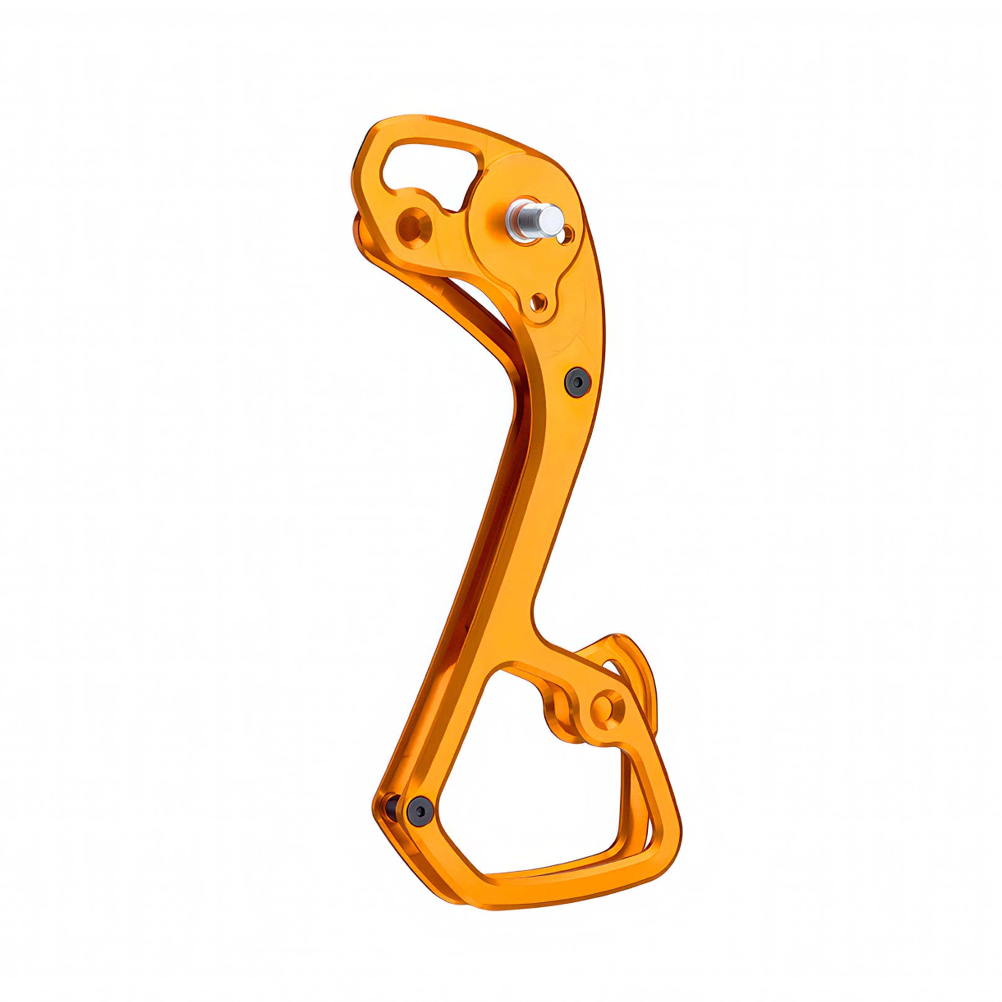 Garbaruk rear derailleur cage for Shimano GRX 11-speed, shown in orange, CNC-machined for improved range and lightweight performance