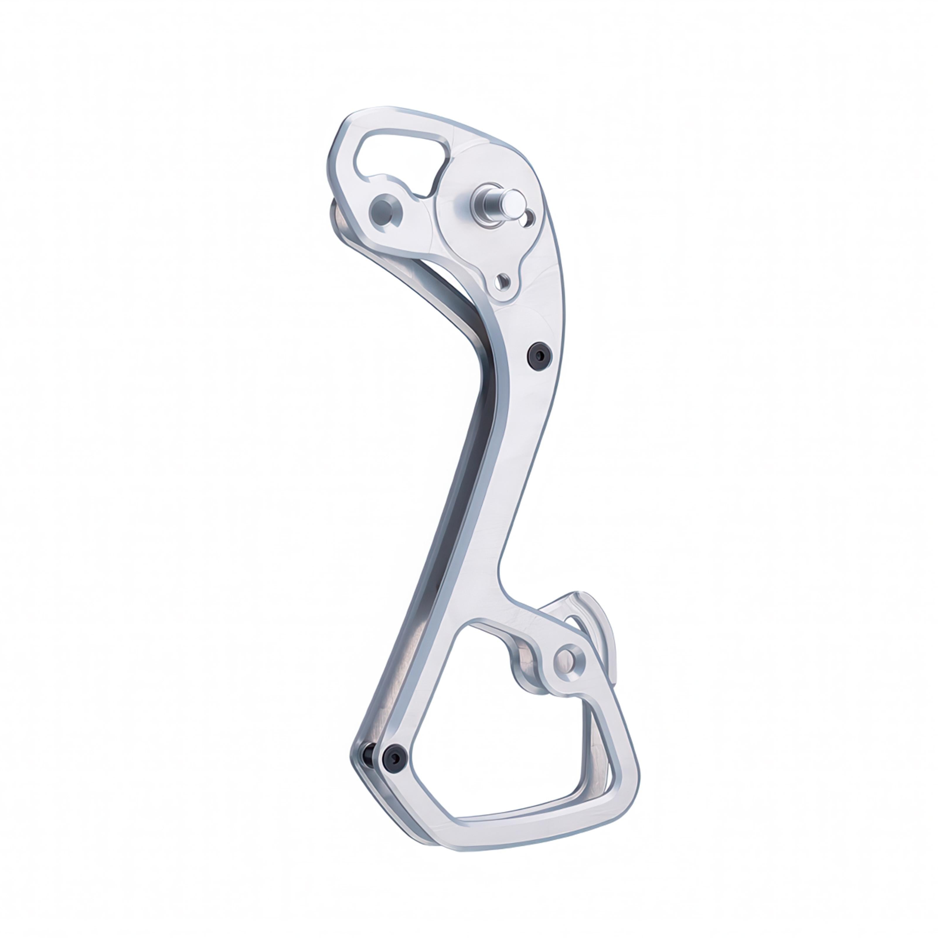 Garbaruk rear derailleur cage for Shimano GRX 11-speed, shown in silver, CNC-machined for improved range and lightweight performance