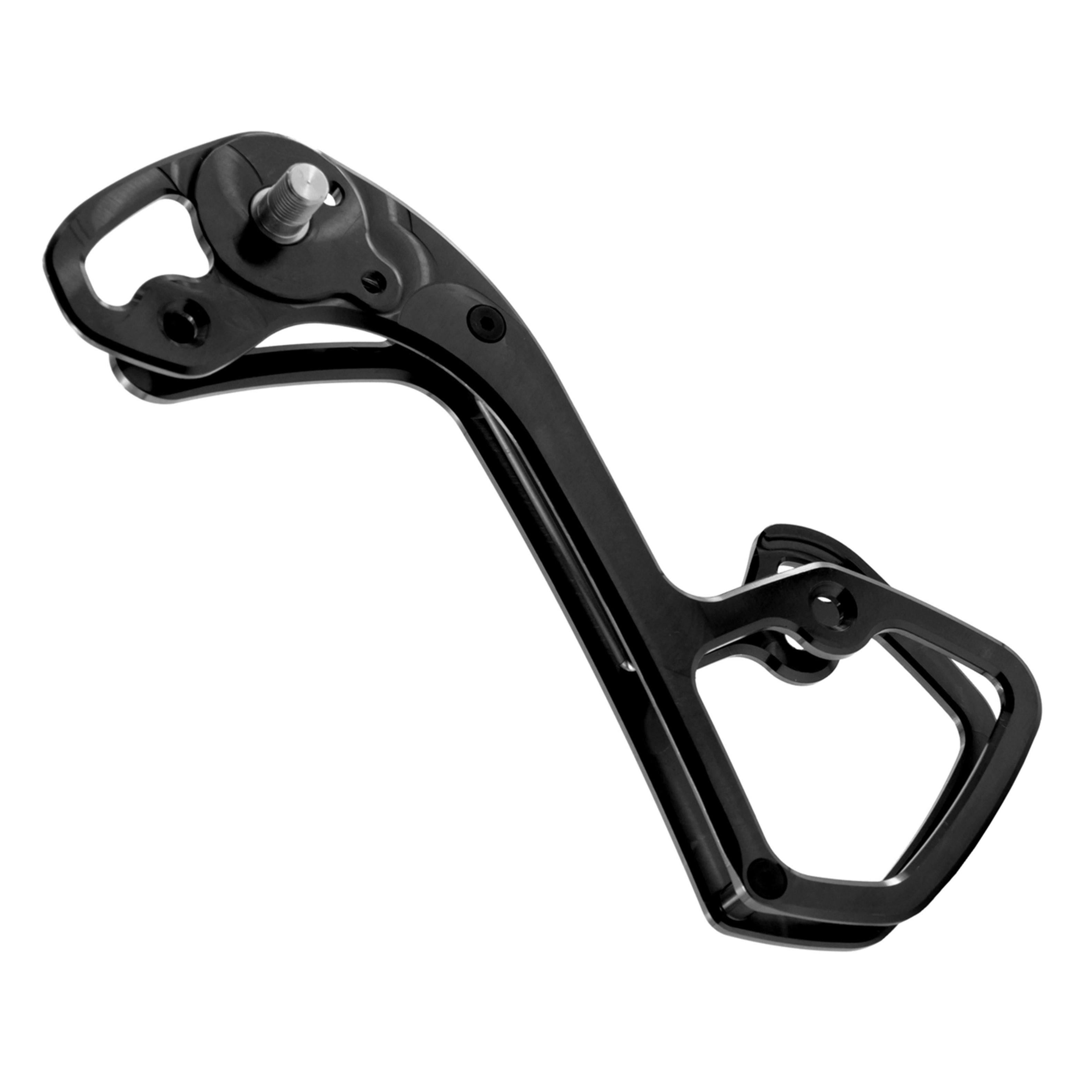Angle view of black Garbaruk rear derailleur cage for Shimano GRX 11-speed, CNC-machined for improved range and lightweight performance