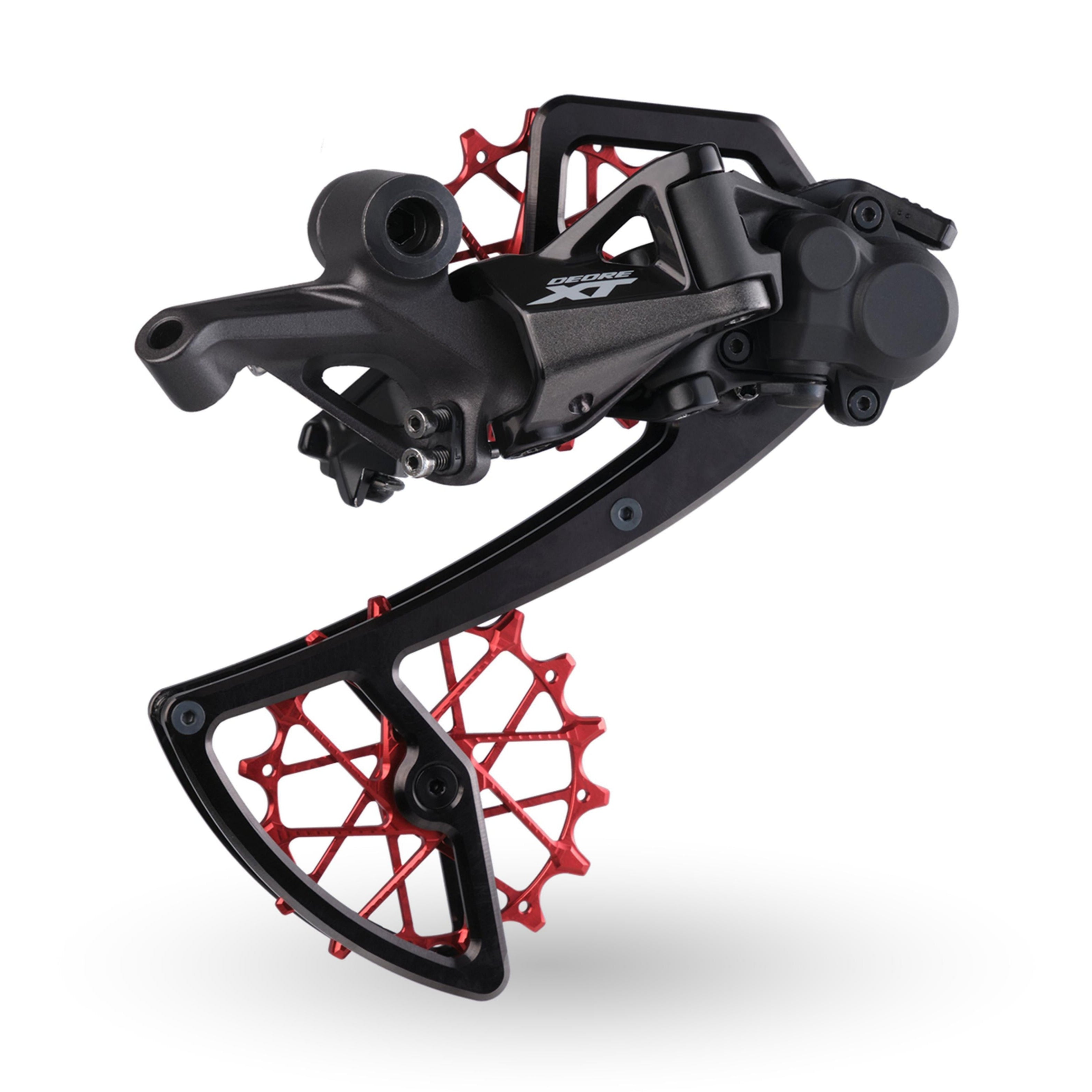 Garbaruk rear derailleur cage for Shimano 12-speed MTB, black, installed on Shimano XT rear derailleur to showcase fit and finish