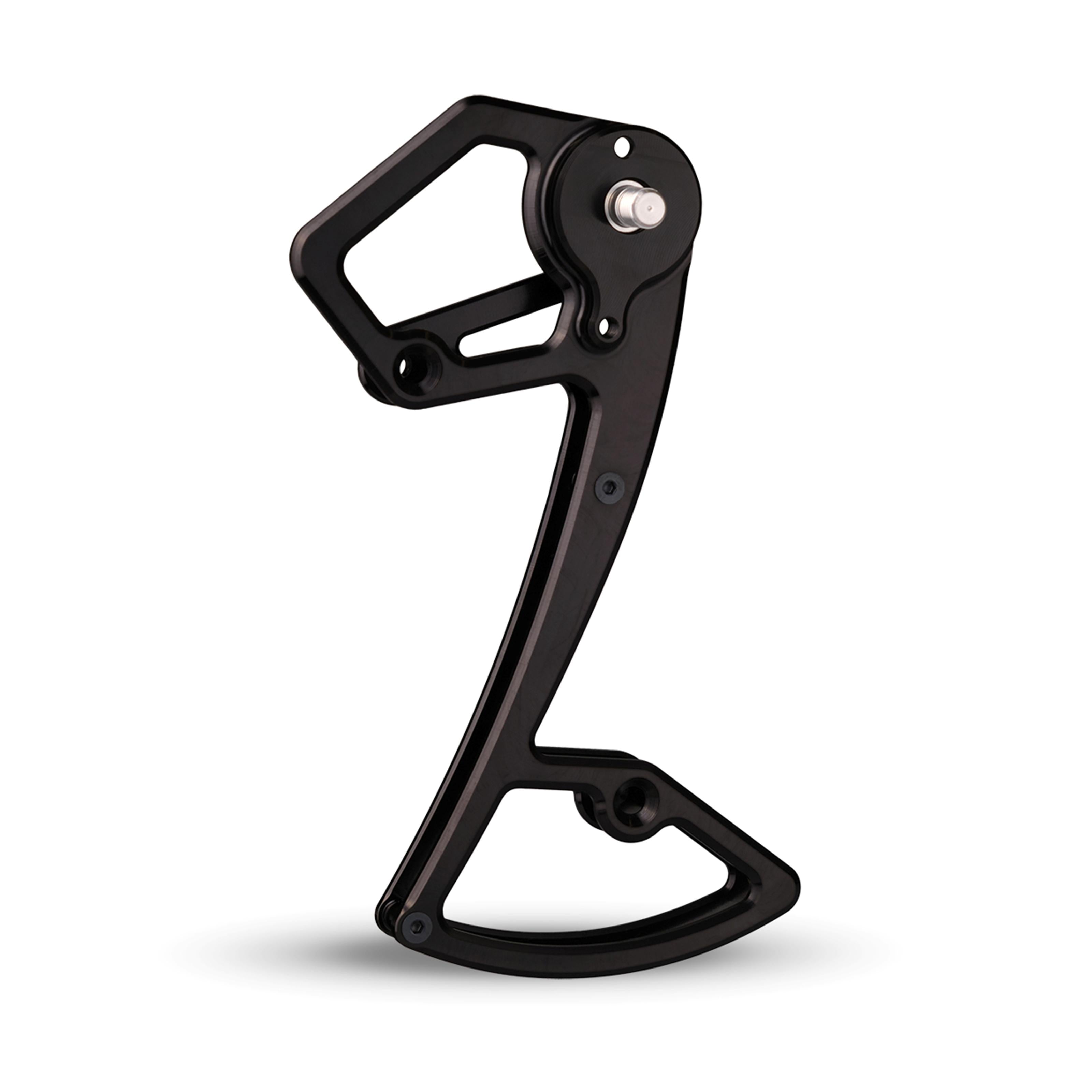 Garbaruk rear derailleur cage for Shimano 12-speed MTB, shown in black, CNC-machined for increased gear range, reduced weight, and precise shifting