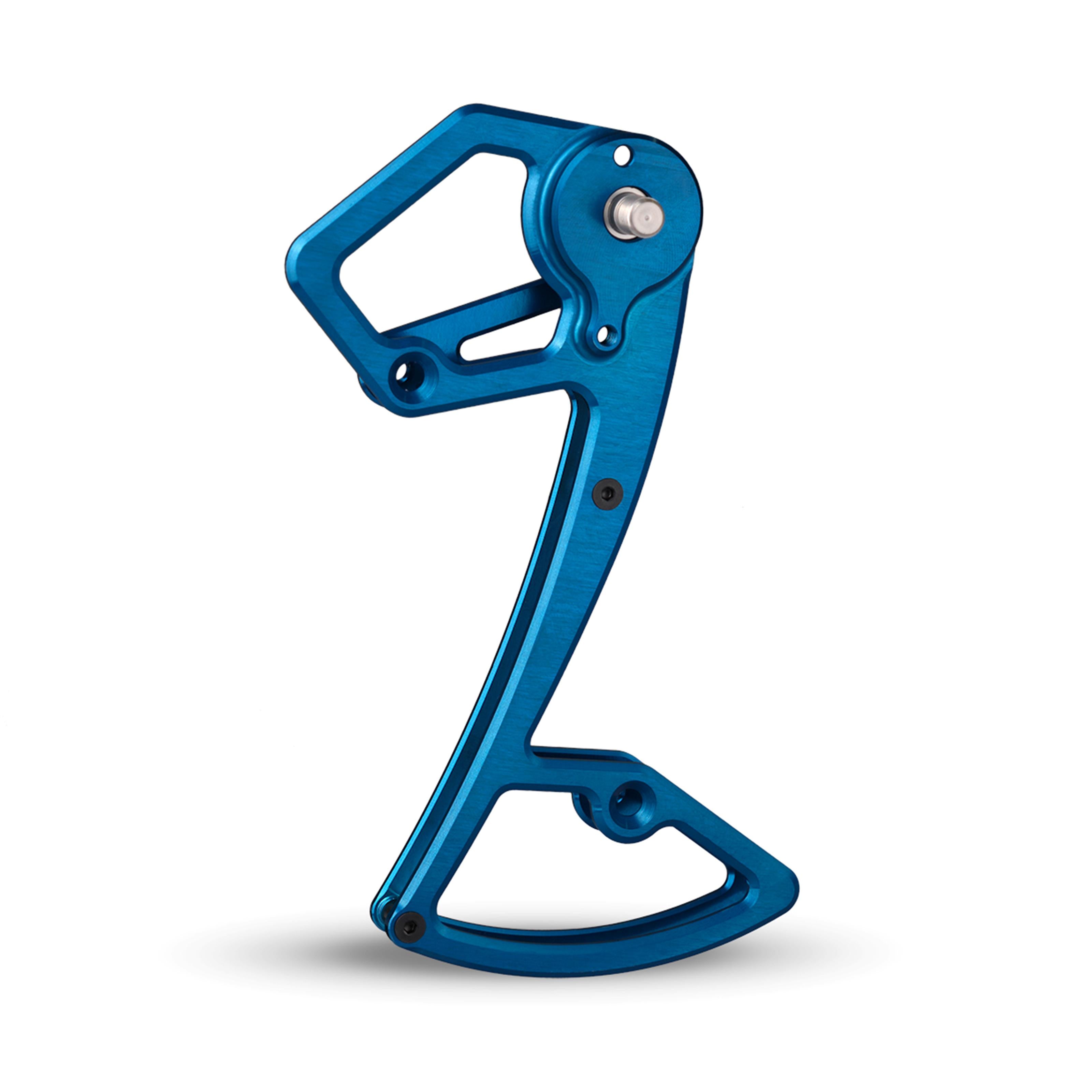 Garbaruk rear derailleur cage for Shimano 12-speed MTB, shown in blue, CNC-machined for increased gear range, reduced weight, and precise shifting