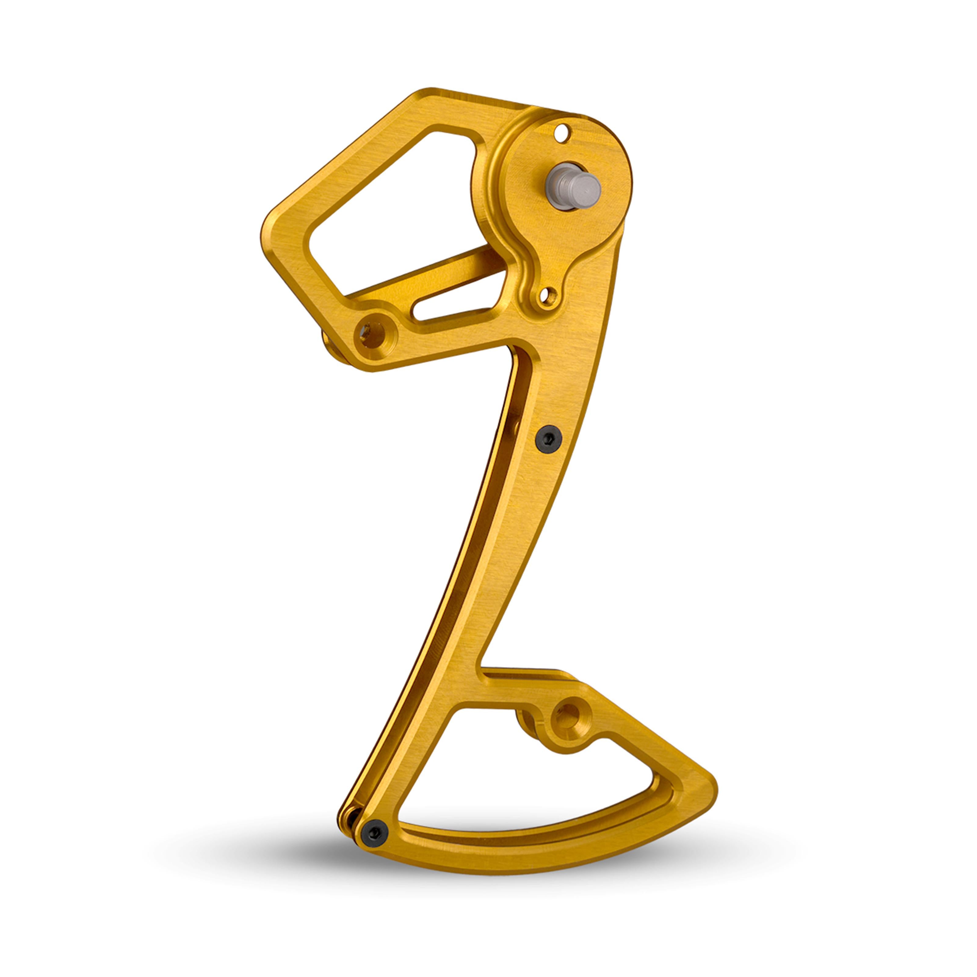 Garbaruk rear derailleur cage for Shimano 12-speed MTB, shown in gold, CNC-machined for increased gear range, reduced weight, and precise shifting