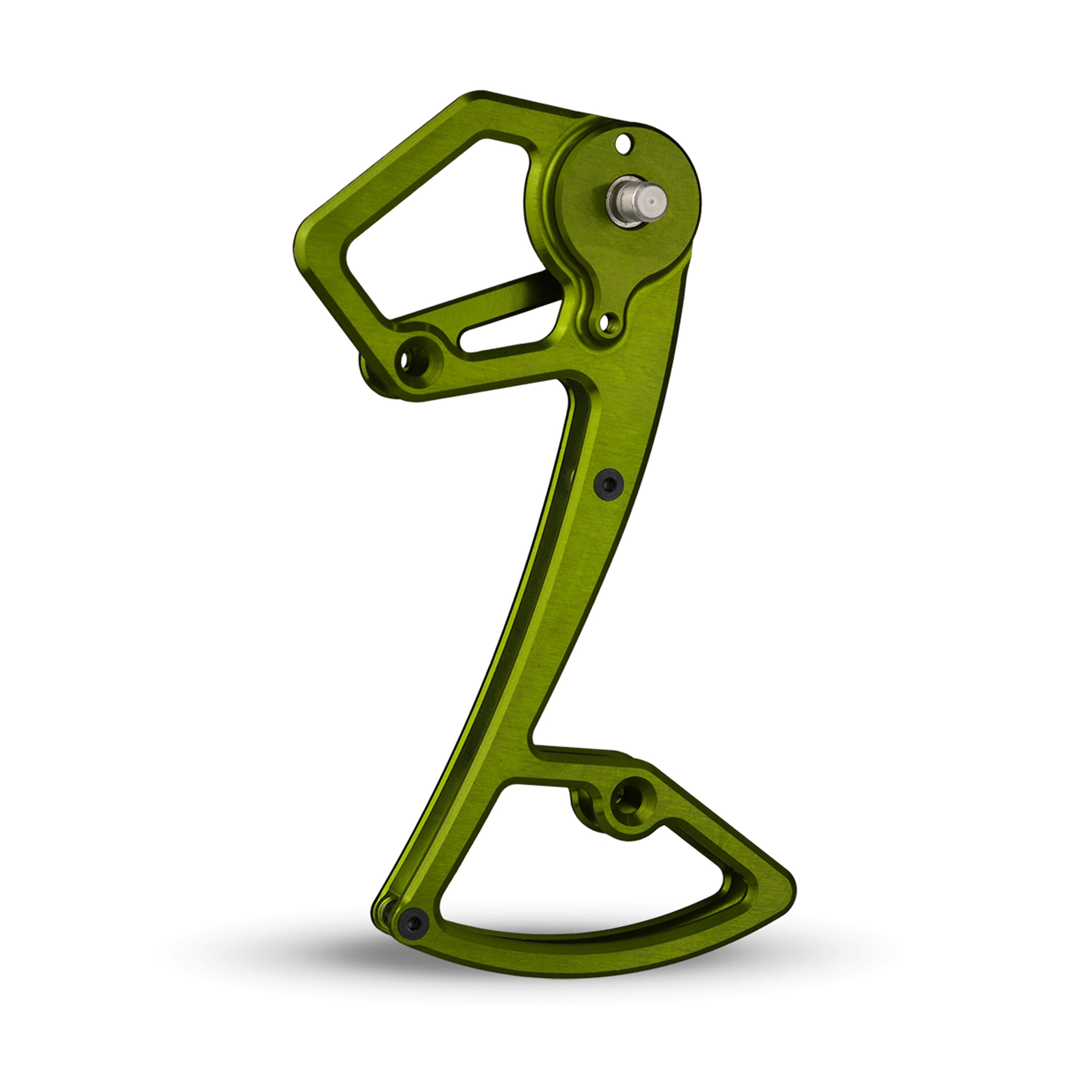 Garbaruk rear derailleur cage for Shimano 12-speed MTB, shown in green, CNC-machined for increased gear range, reduced weight, and precise shifting