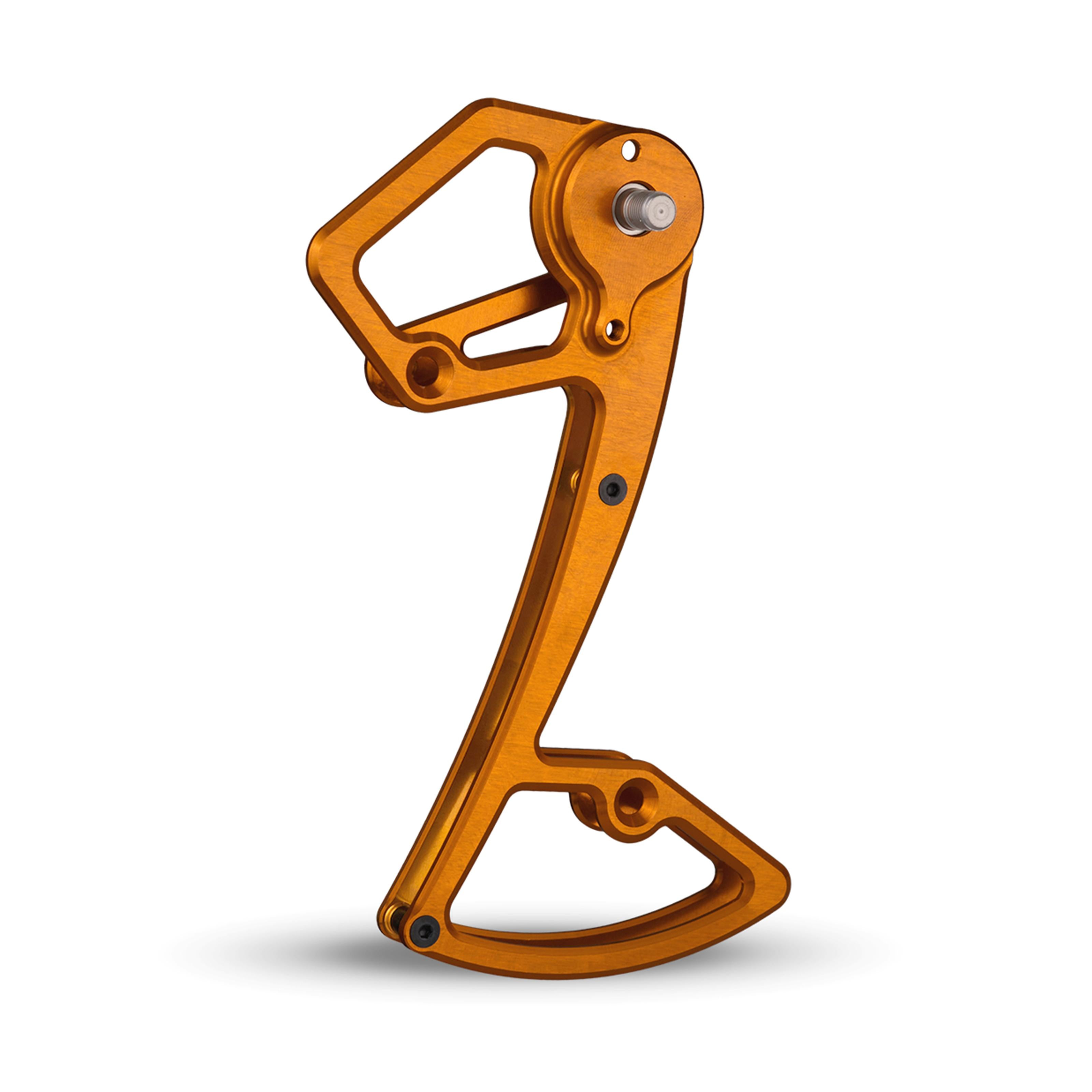 Garbaruk rear derailleur cage for Shimano 12-speed MTB, shown in orange, CNC-machined for increased gear range, reduced weight, and precise shifting