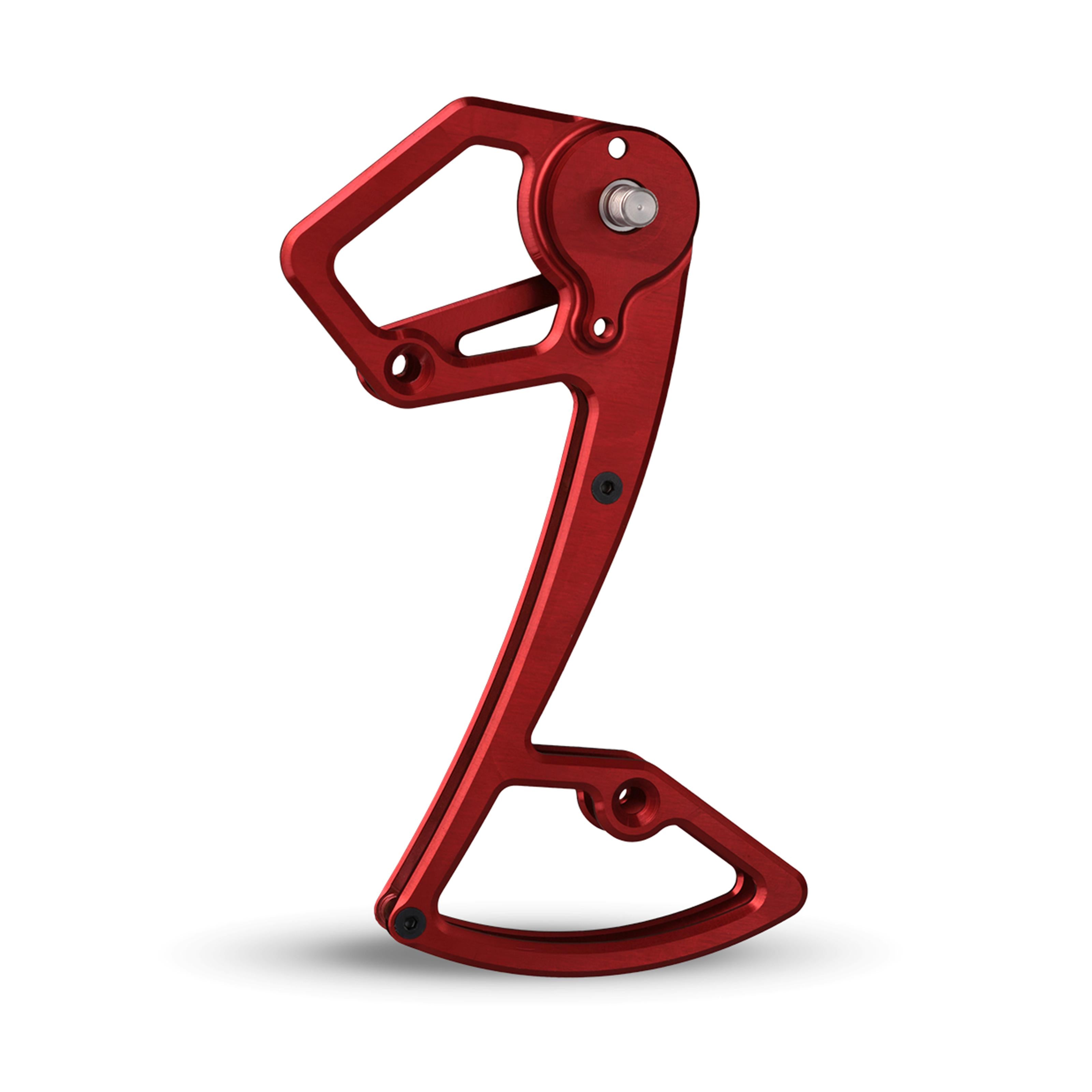 Garbaruk rear derailleur cage for Shimano 12-speed MTB, shown in red, CNC-machined for increased gear range, reduced weight, and precise shifting