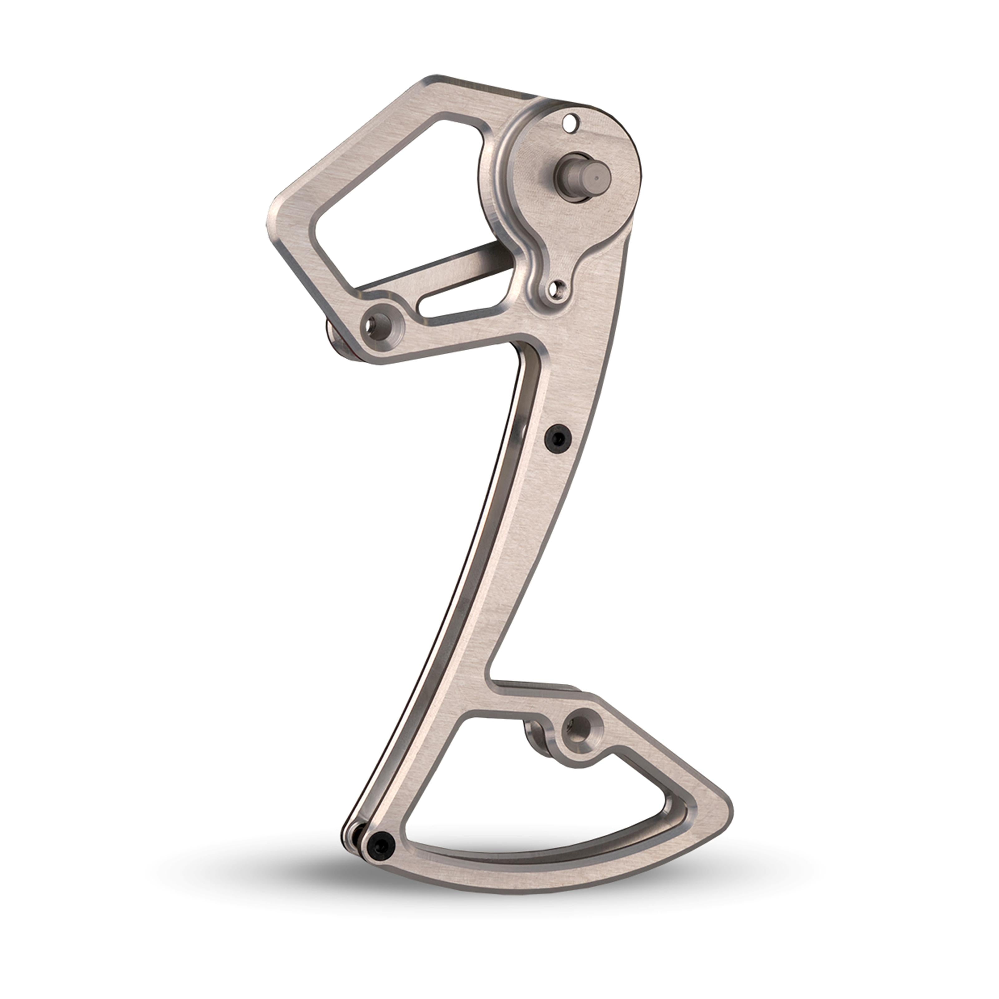 Garbaruk rear derailleur cage for Shimano 12-speed MTB, shown in silver, CNC-machined for increased gear range, reduced weight, and precise shifting