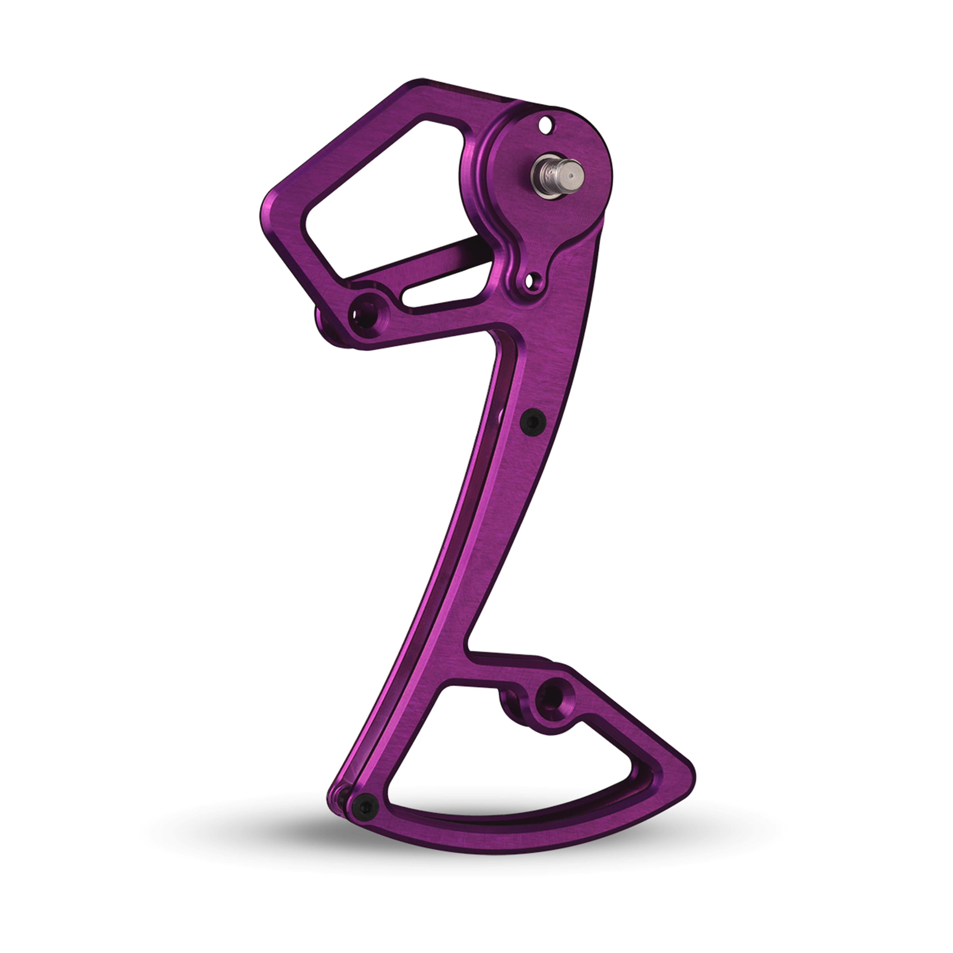 Garbaruk rear derailleur cage for Shimano 12-speed MTB, shown in violet, CNC-machined for increased gear range, reduced weight, and precise shifting