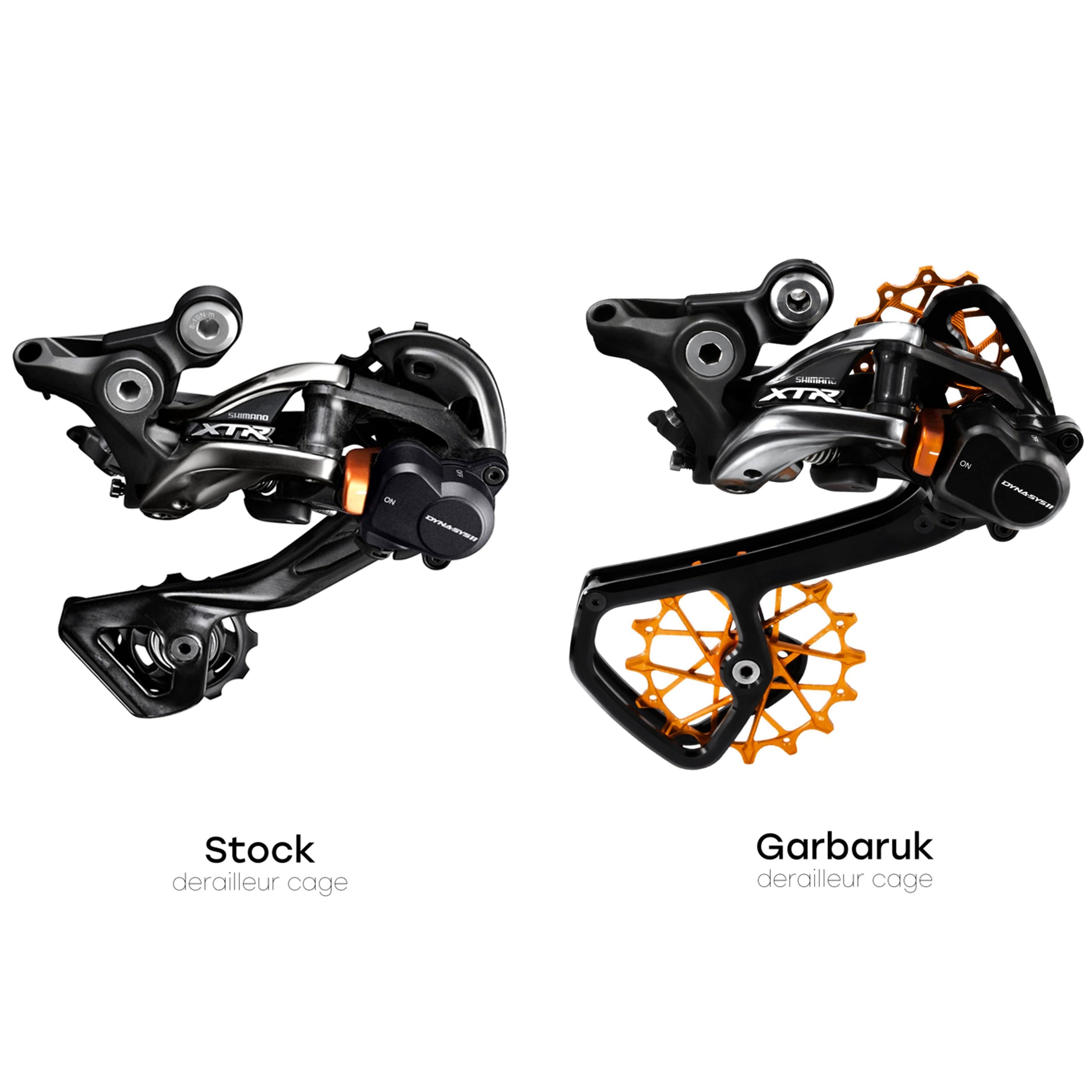 Side-by-side comparison of stock Shimano derailleur cage and Garbaruk cage upgrade on a Shimano XTR rear derailleur, highlighting length and construction differences