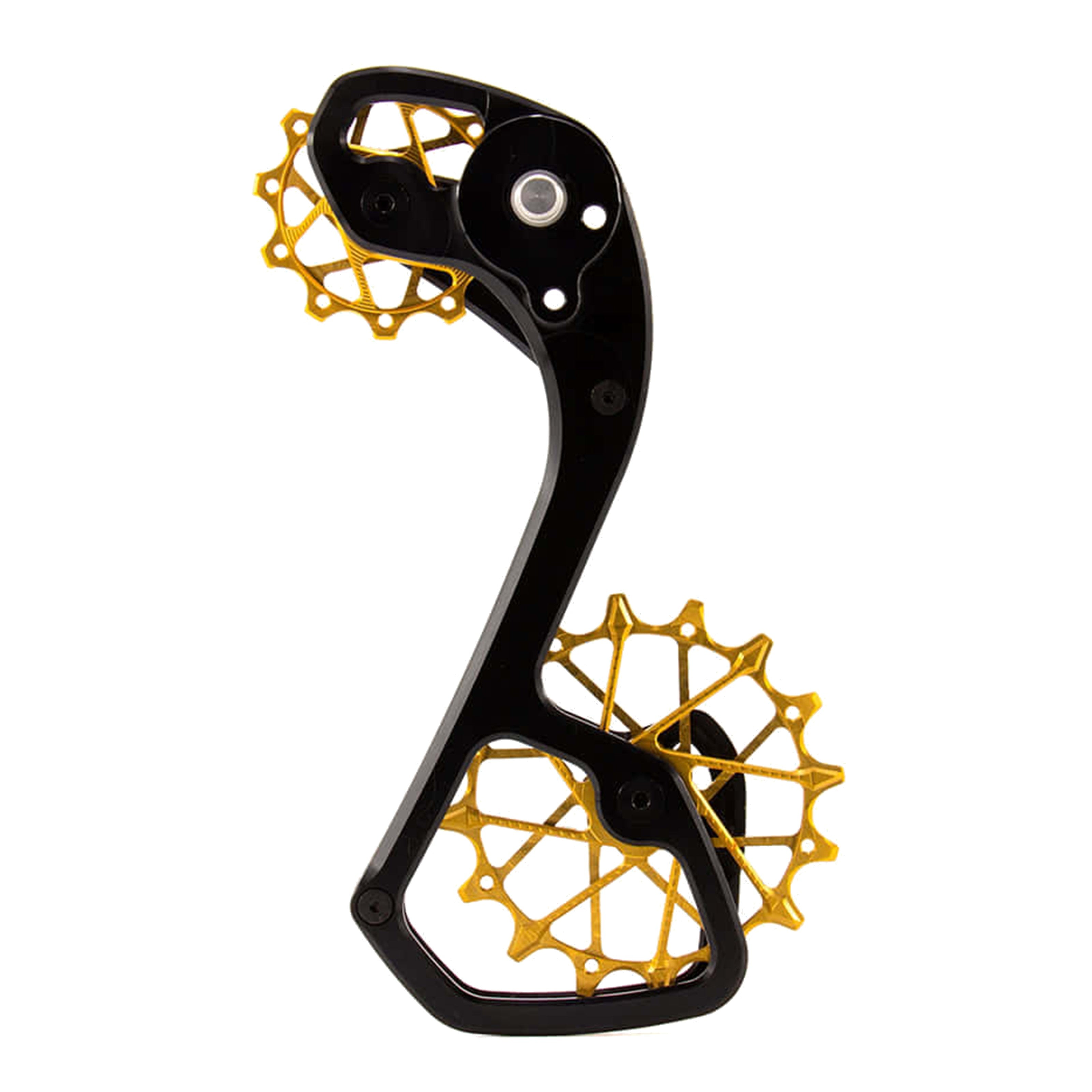 Garbaruk derailleur cage and pulleys kit for Shimano XT Di2 and XTR Di2 11-speed, featuring a black cage and gold oversized pulleys for improved drivetrain performance and unique styling