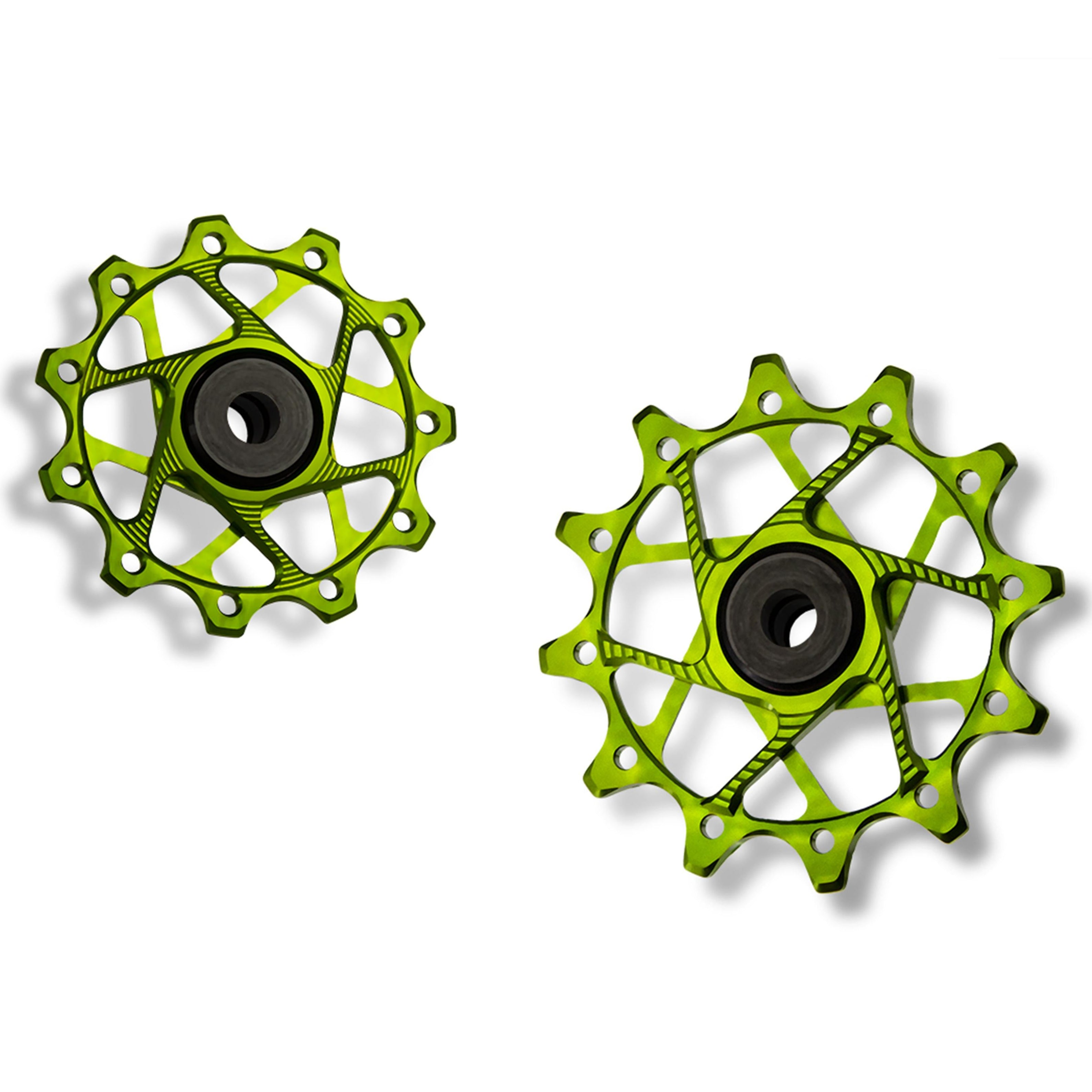 Garbaruk rear derailleur pulleys for Shimano, green, 11T + 12T tooth combo, designed for 11-speed MTB with standard cage for optimal chain management