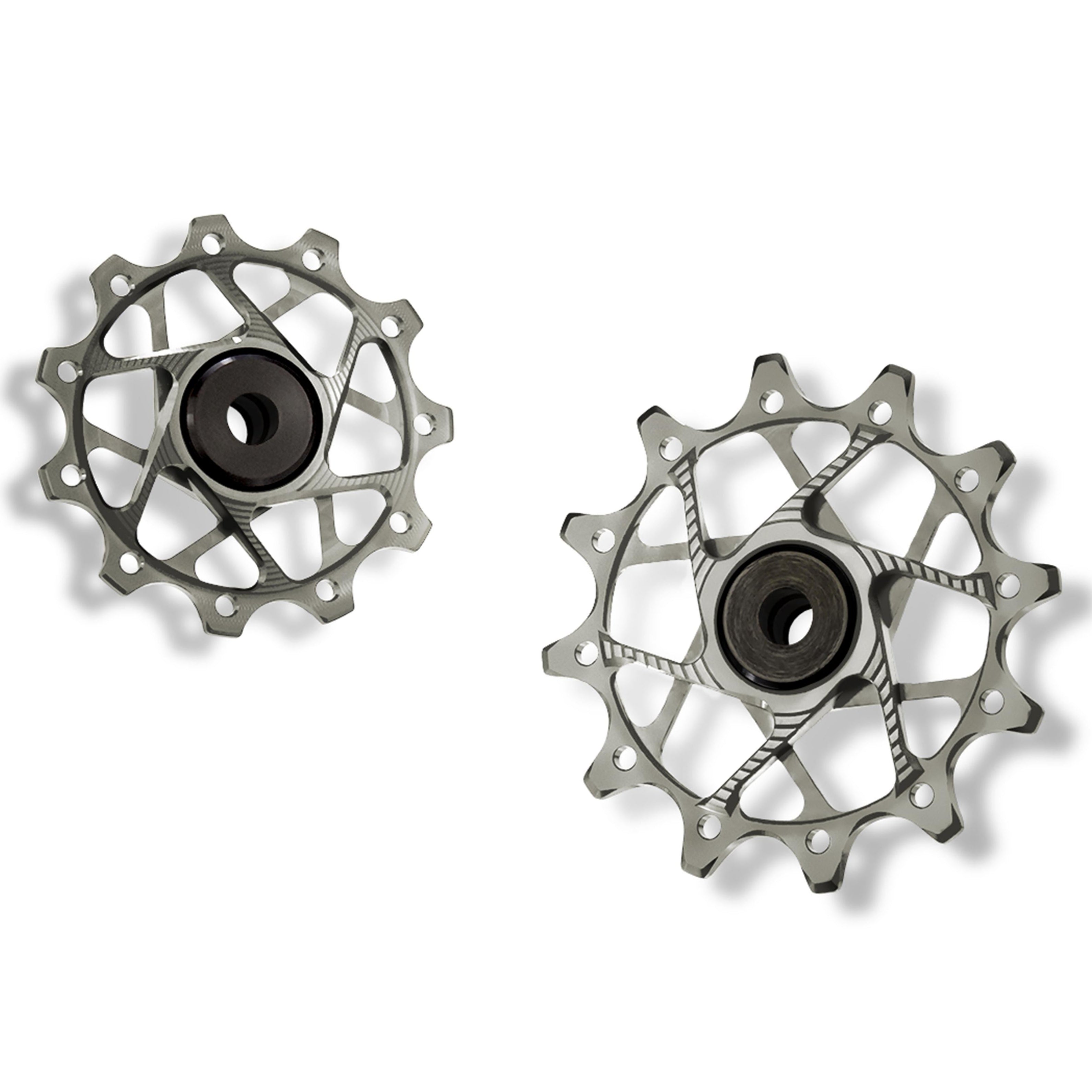 Garbaruk rear derailleur pulleys for Shimano, silver, 11T + 12T tooth combo, designed for 11-speed MTB with standard cage for optimal chain management