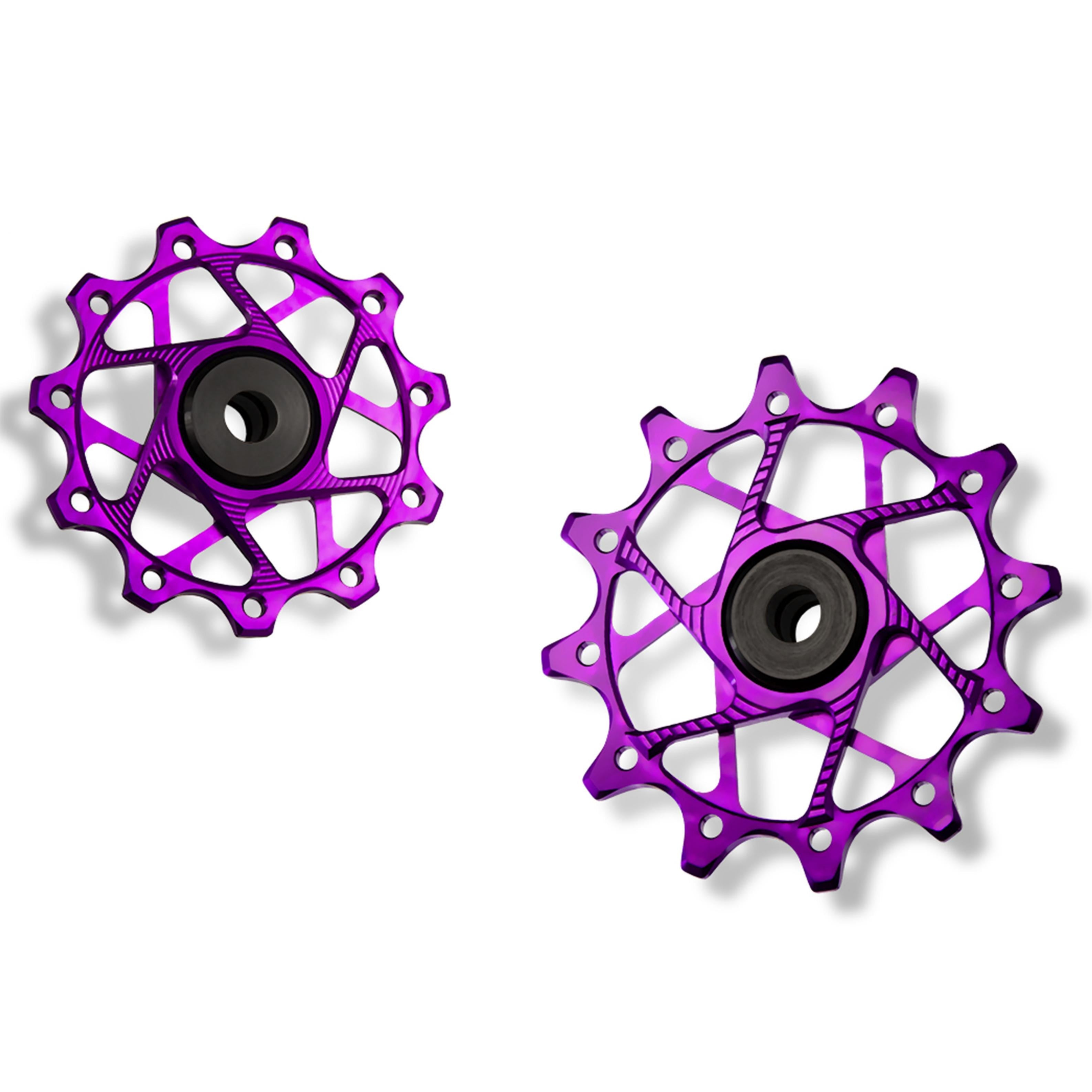 Garbaruk rear derailleur pulleys for Shimano, violet, 11T + 12T tooth combo, designed for 11-speed MTB with standard cage for optimal chain management