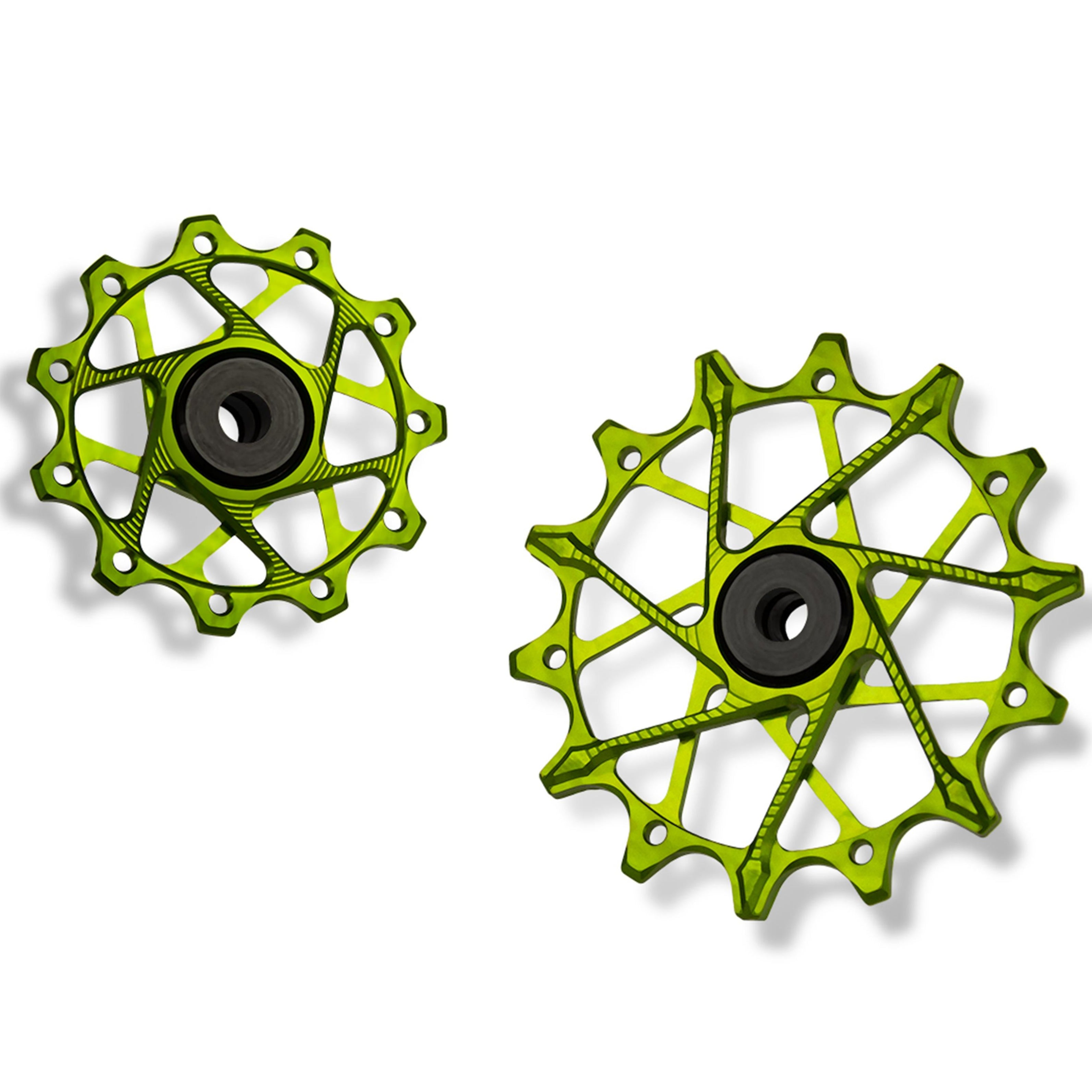 Garbaruk rear derailleur pulleys for Shimano, green, 11T + 14T tooth combo, optimised for 11-speed XT with standard cage for smooth drivetrain performance
