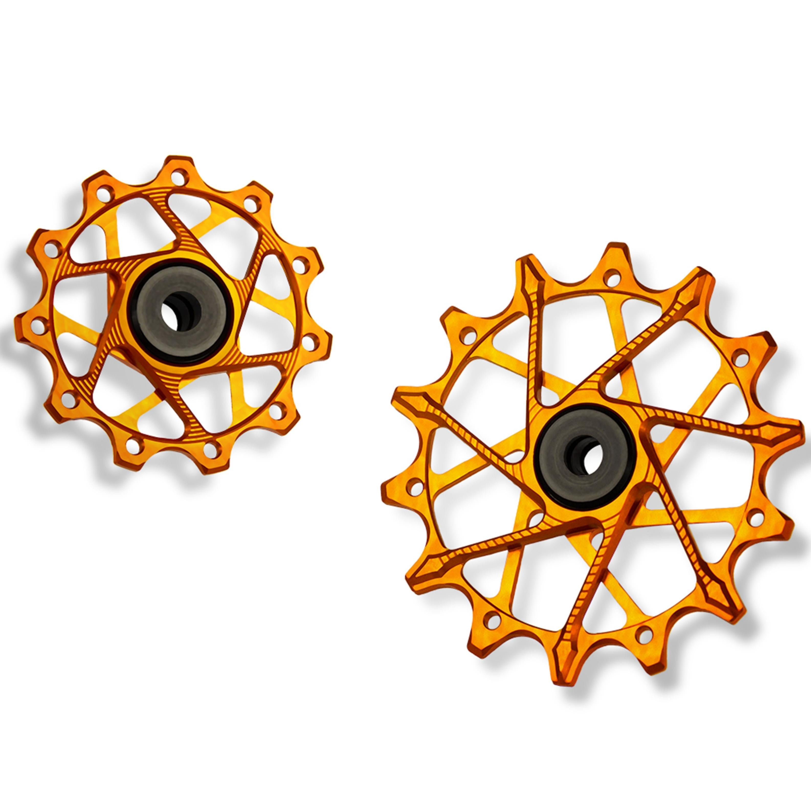 Orange Garbaruk rear derailleur pulleys for Shimano with 11T + 14T tooth combination, tailored for 11-speed XT with standard cage to improve drivetrain performance