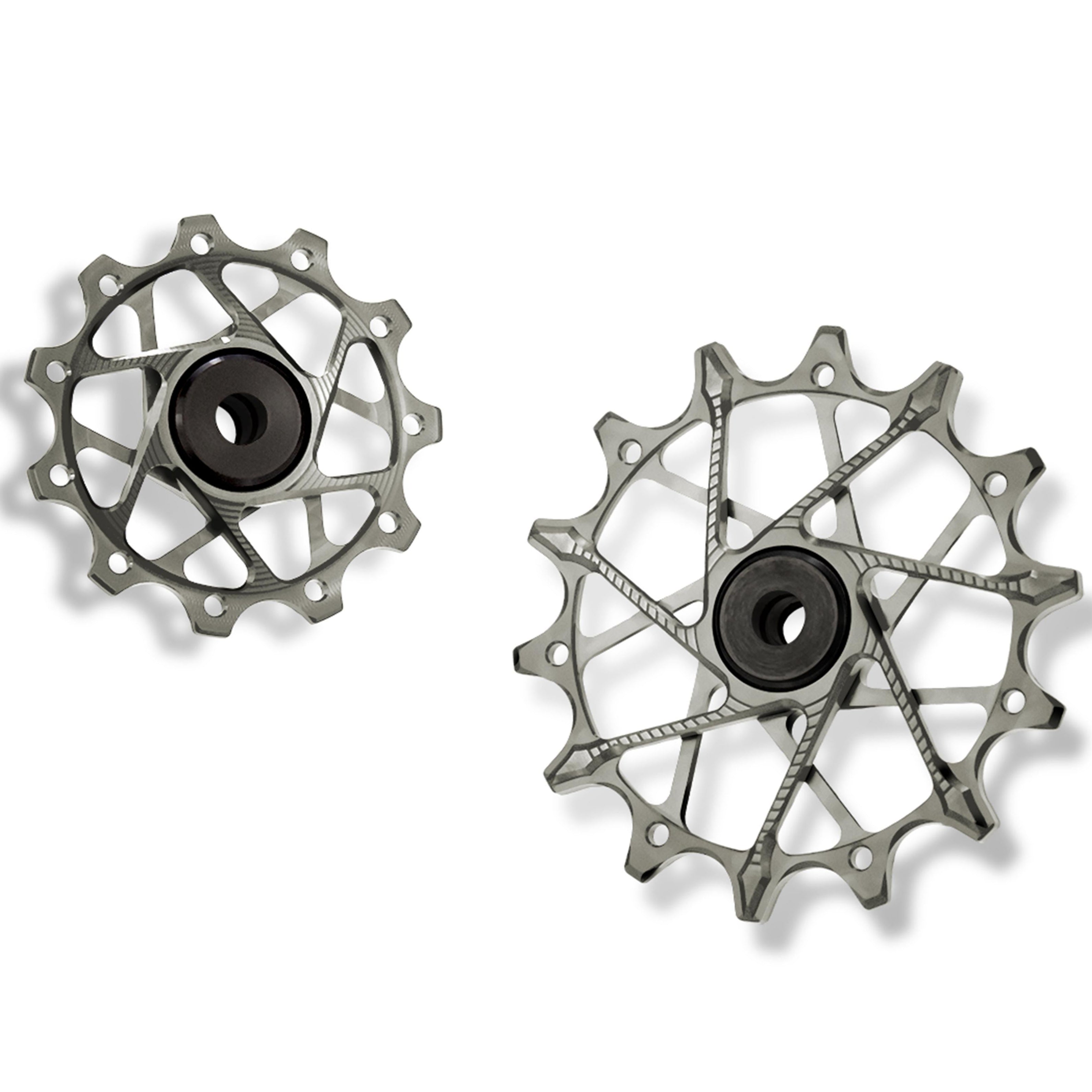 Garbaruk rear derailleur pulleys for Shimano, silver, 11T + 14T tooth combo, optimised for 11-speed XT with standard cage for smooth drivetrain performance