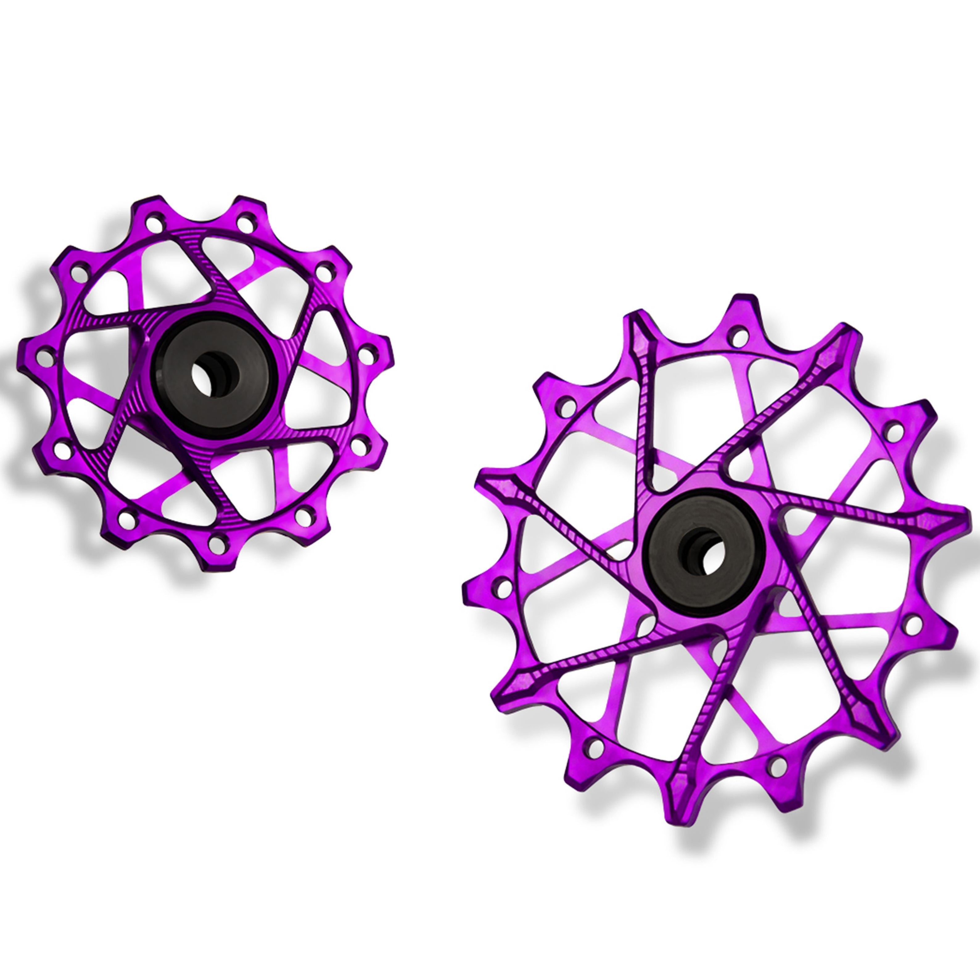 Garbaruk rear derailleur pulleys for Shimano, violet, 11T + 14T tooth combo, optimised for 11-speed XT with standard cage for smooth drivetrain performance