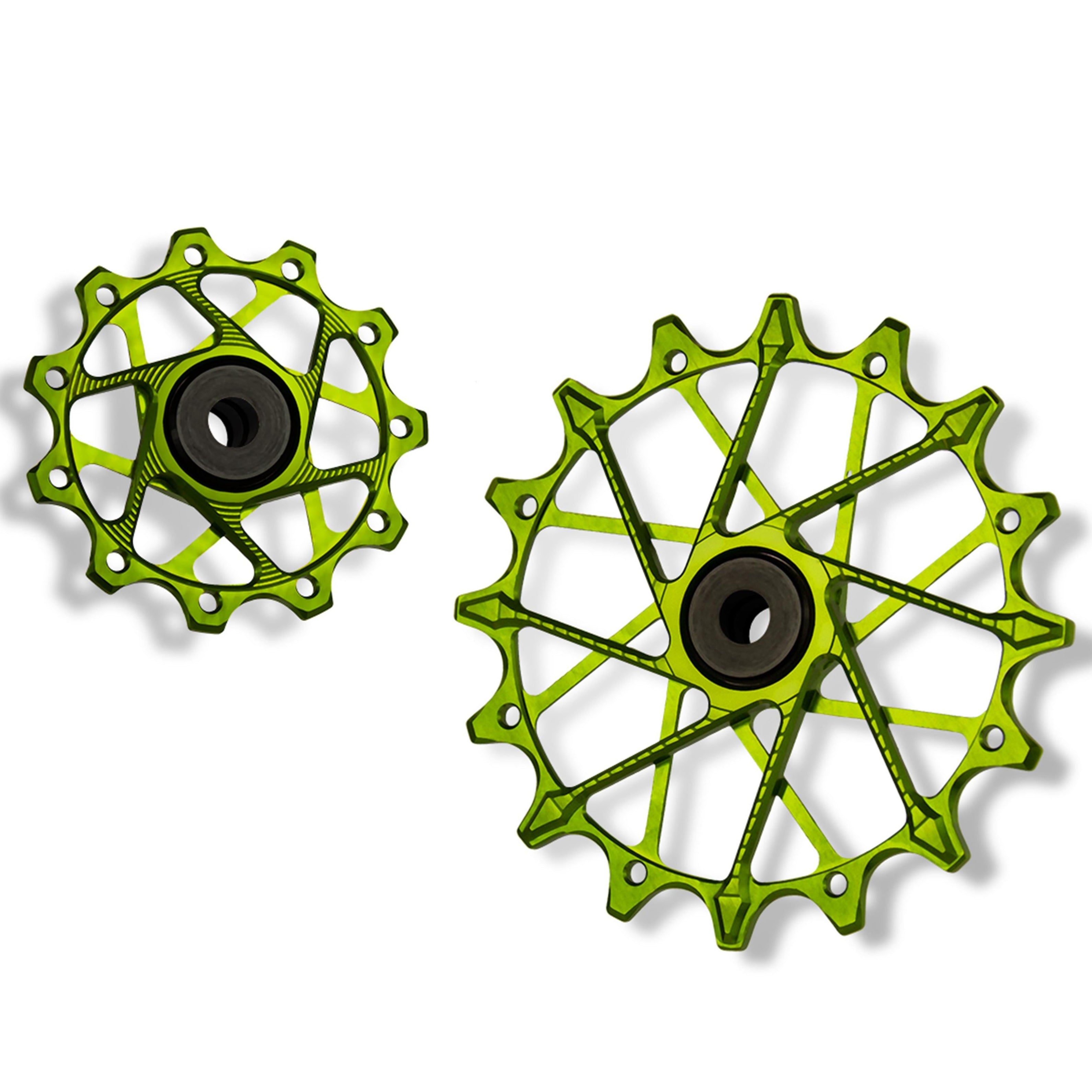 Garbaruk rear derailleur pulleys for Shimano, green, 11T + 16T tooth combo, designed for 11-speed MTB with Garbaruk cage for superior chain control