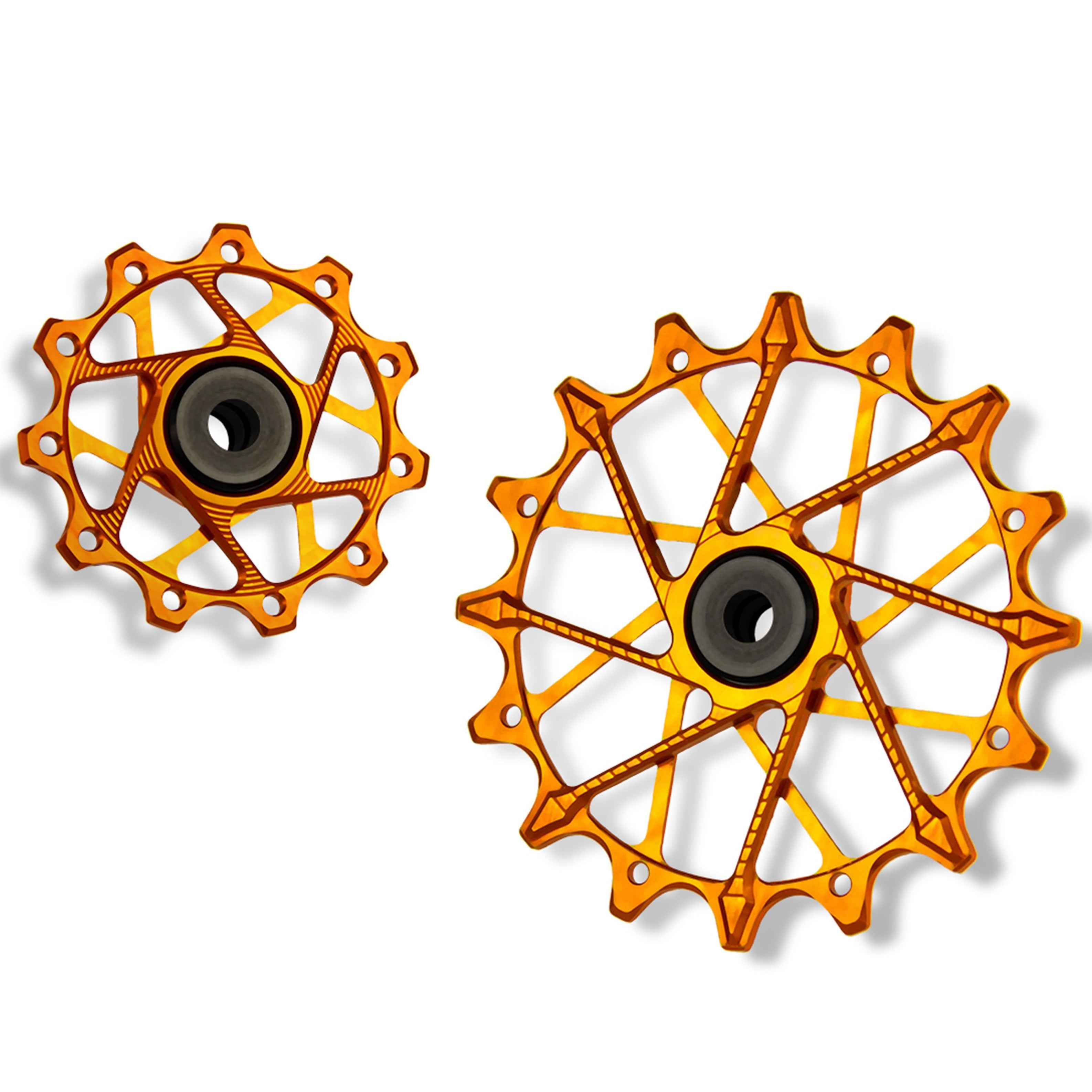 Garbaruk rear derailleur pulleys for Shimano, orange, 11T + 16T tooth combo, designed for 11-speed MTB with Garbaruk cage for superior chain control