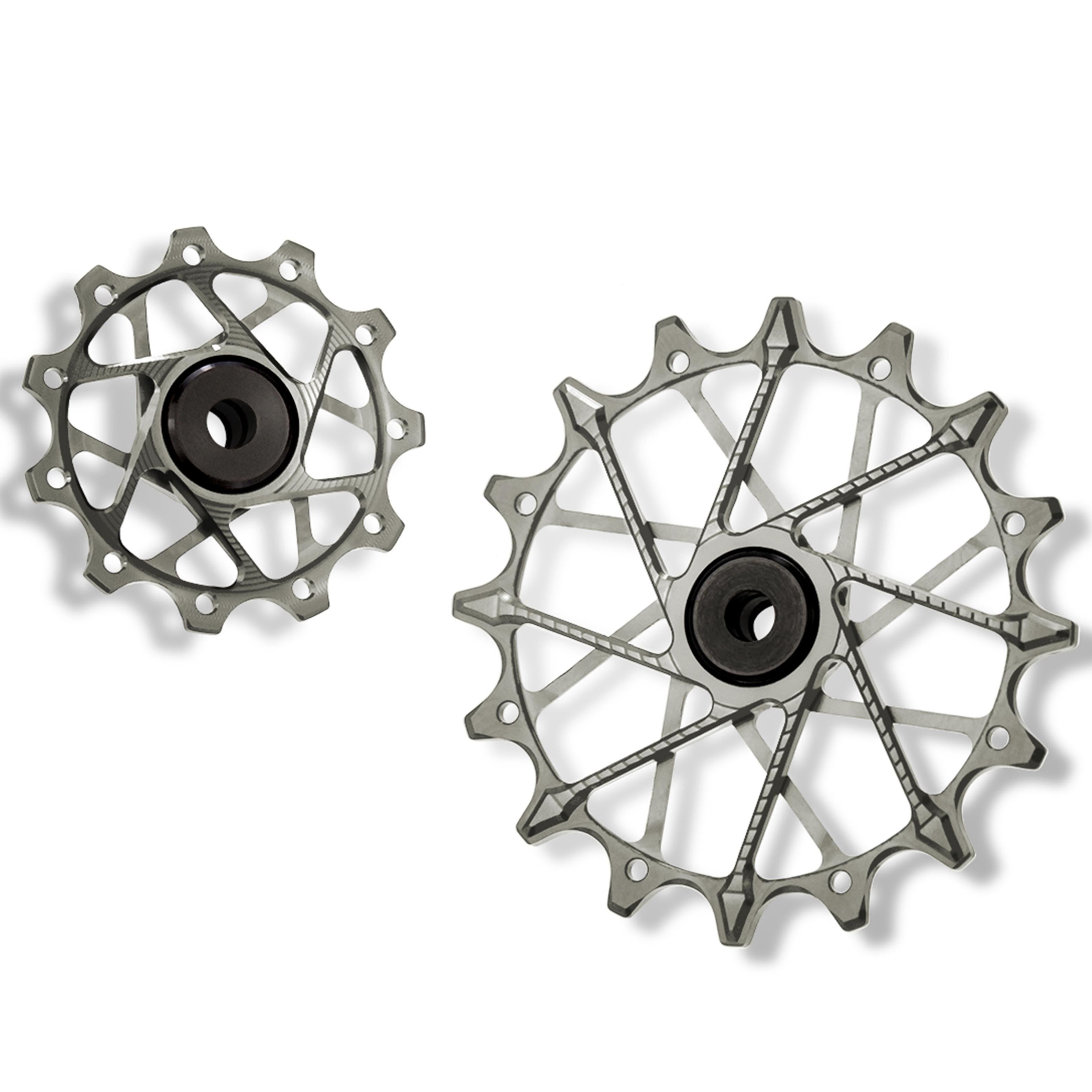 Garbaruk rear derailleur pulleys for Shimano, silver, 11T + 16T tooth combo, designed for 11-speed MTB with Garbaruk cage for superior chain control