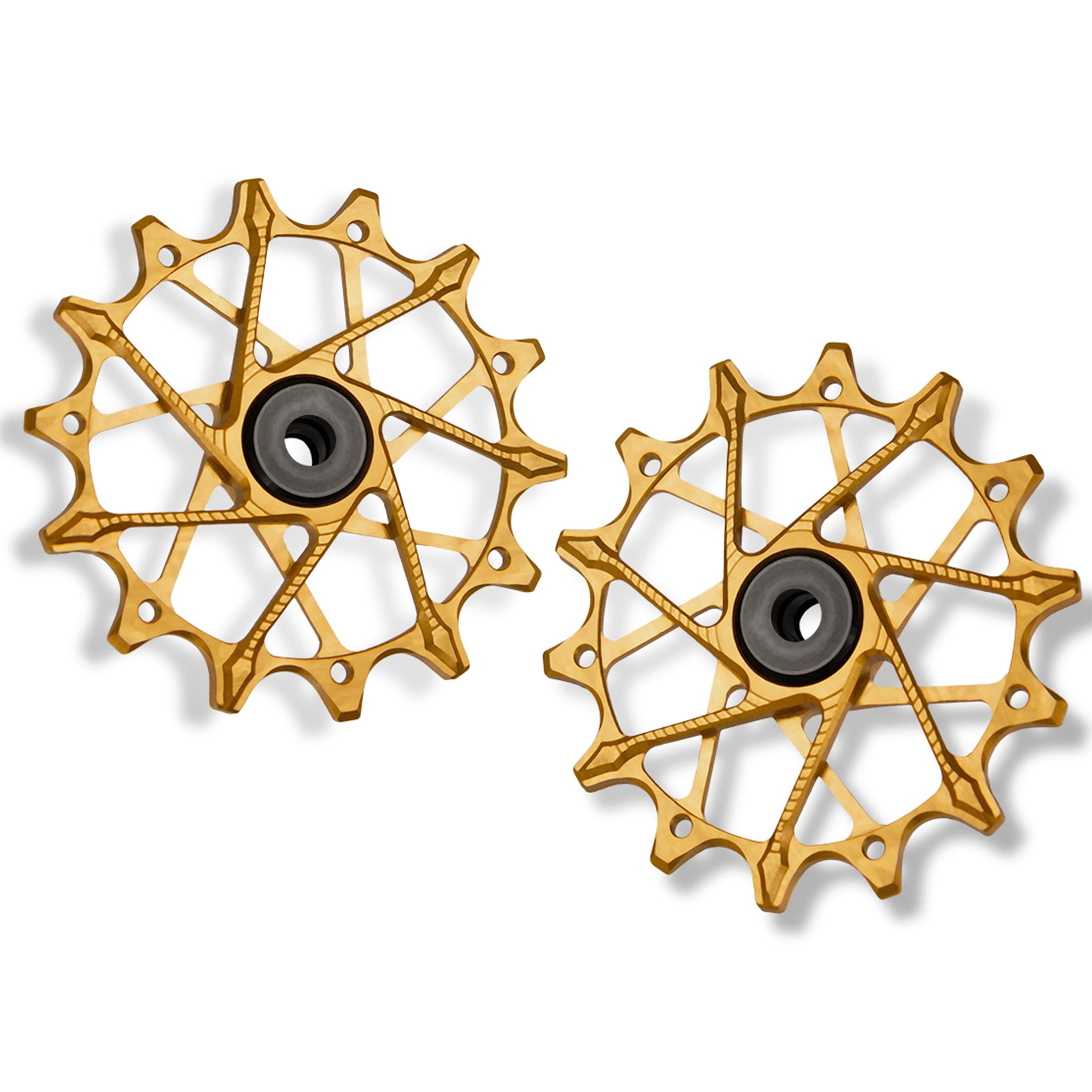 Garbaruk rear derailleur pulleys for Shimano, gold, 14T + 14T tooth combo, designed for 12-speed MTB with standard cage for smooth shifting