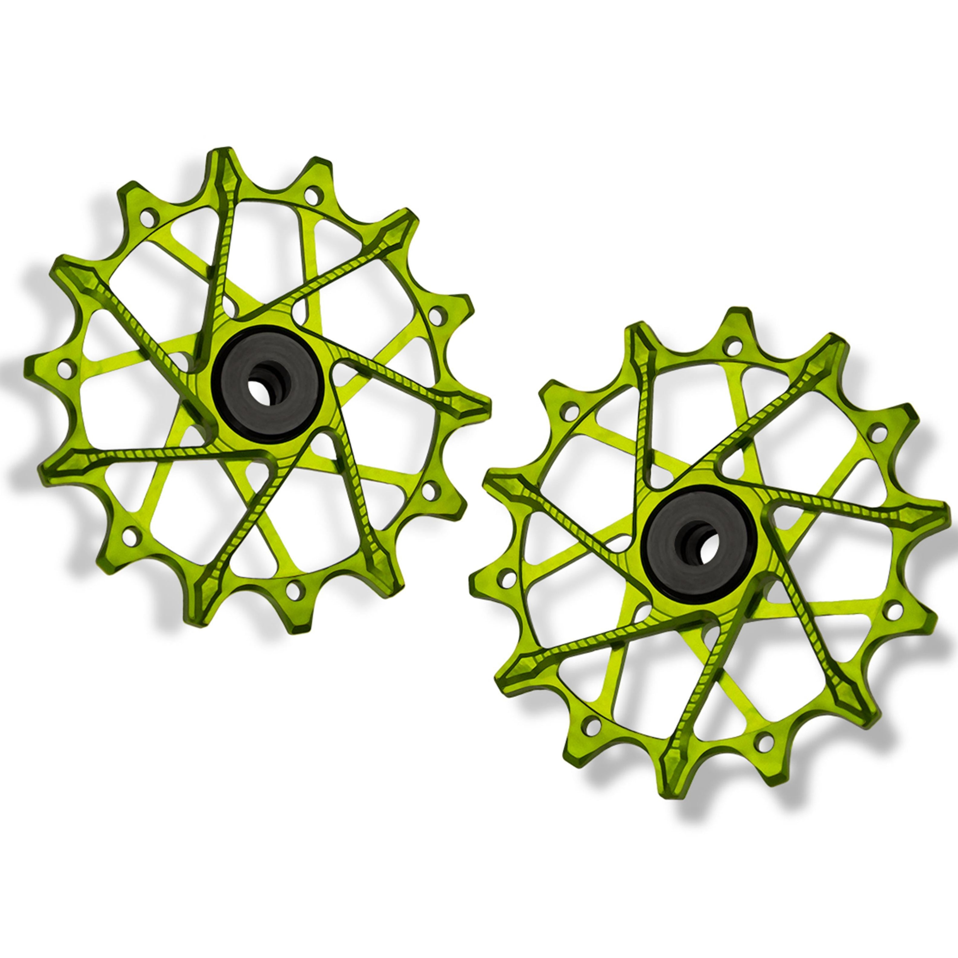 Garbaruk rear derailleur pulleys for Shimano, green, 14T + 14T tooth combo, designed for 12-speed MTB with standard cage for smooth shifting