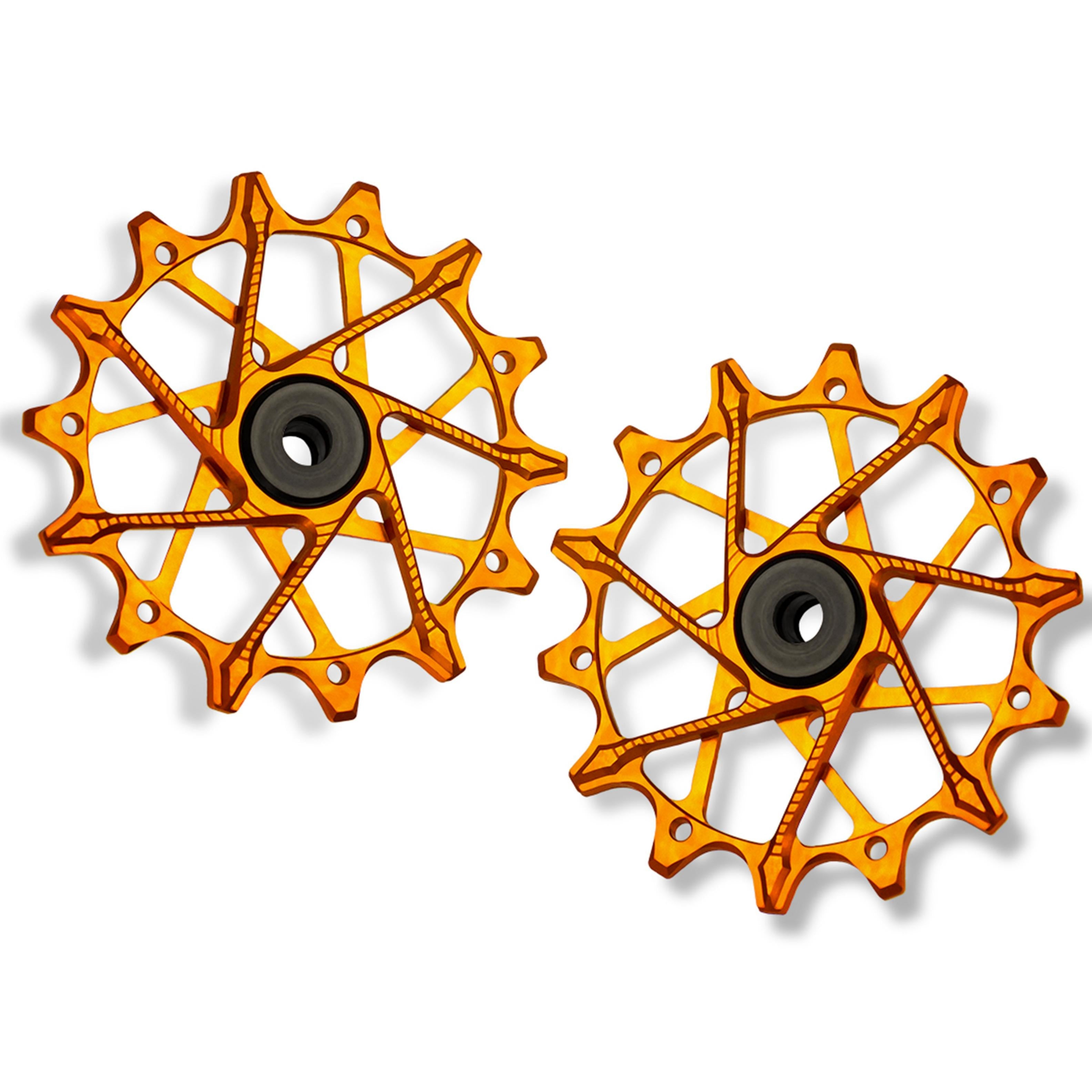 Garbaruk rear derailleur pulleys for Shimano, orange, 14T + 14T tooth combo, designed for 12-speed MTB with standard cage for smooth shifting