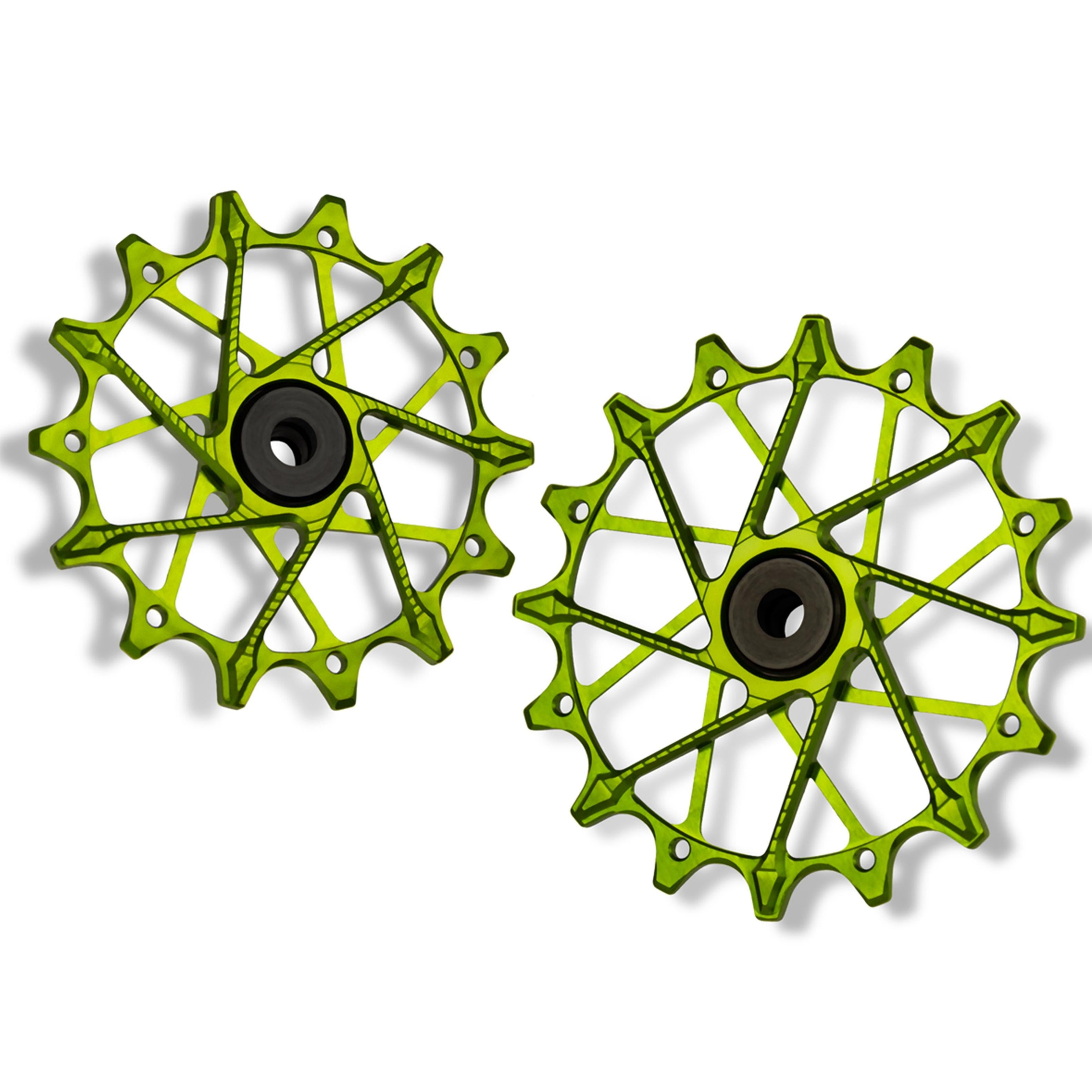 Garbaruk rear derailleur pulleys for Shimano, green, 14T + 16T tooth combo, designed for 12-speed MTB with Garbaruk cage for superior drivetrain efficiency