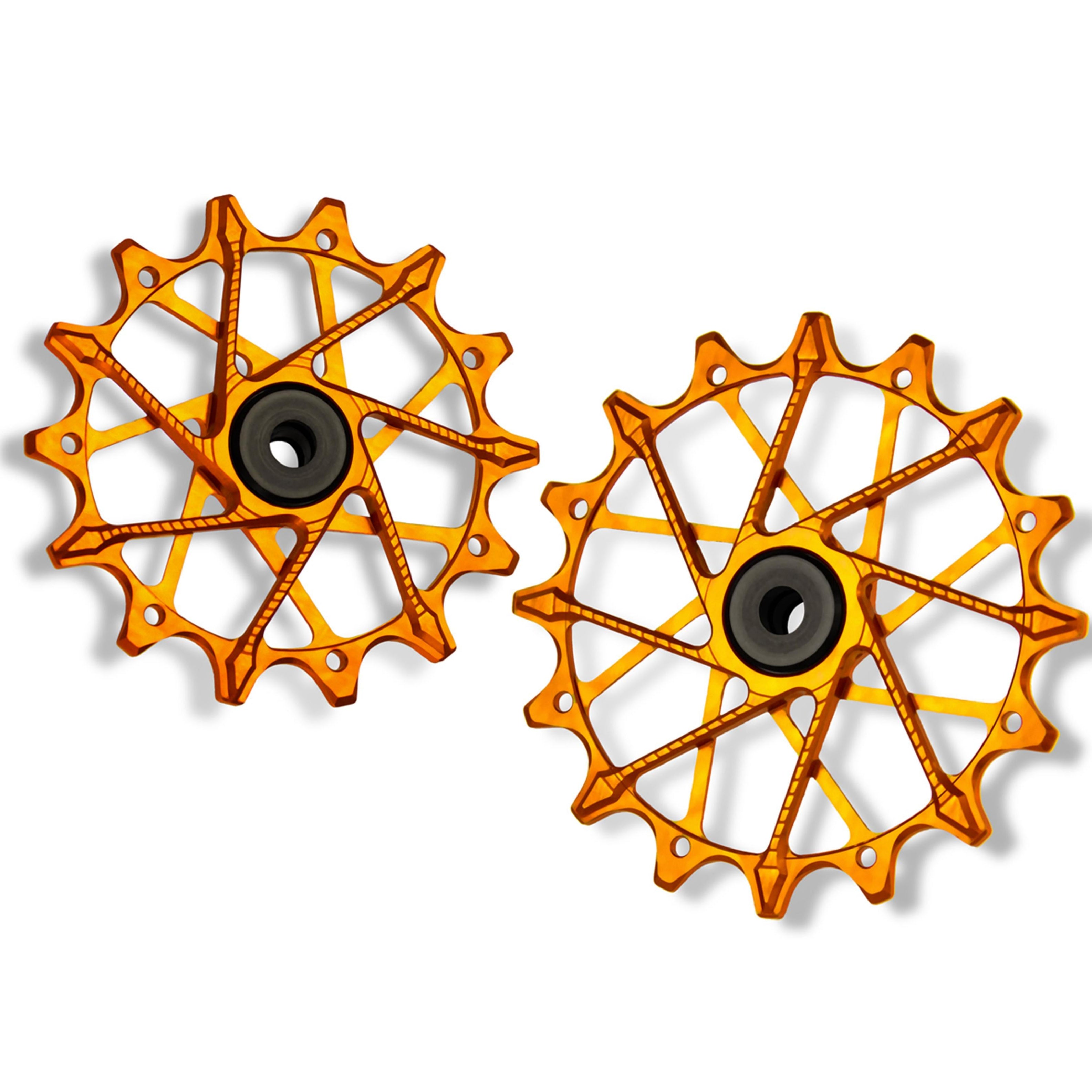 Garbaruk rear derailleur pulleys for Shimano, orange, 14T + 16T tooth combo, designed for 12-speed MTB with Garbaruk cage for superior drivetrain efficiency