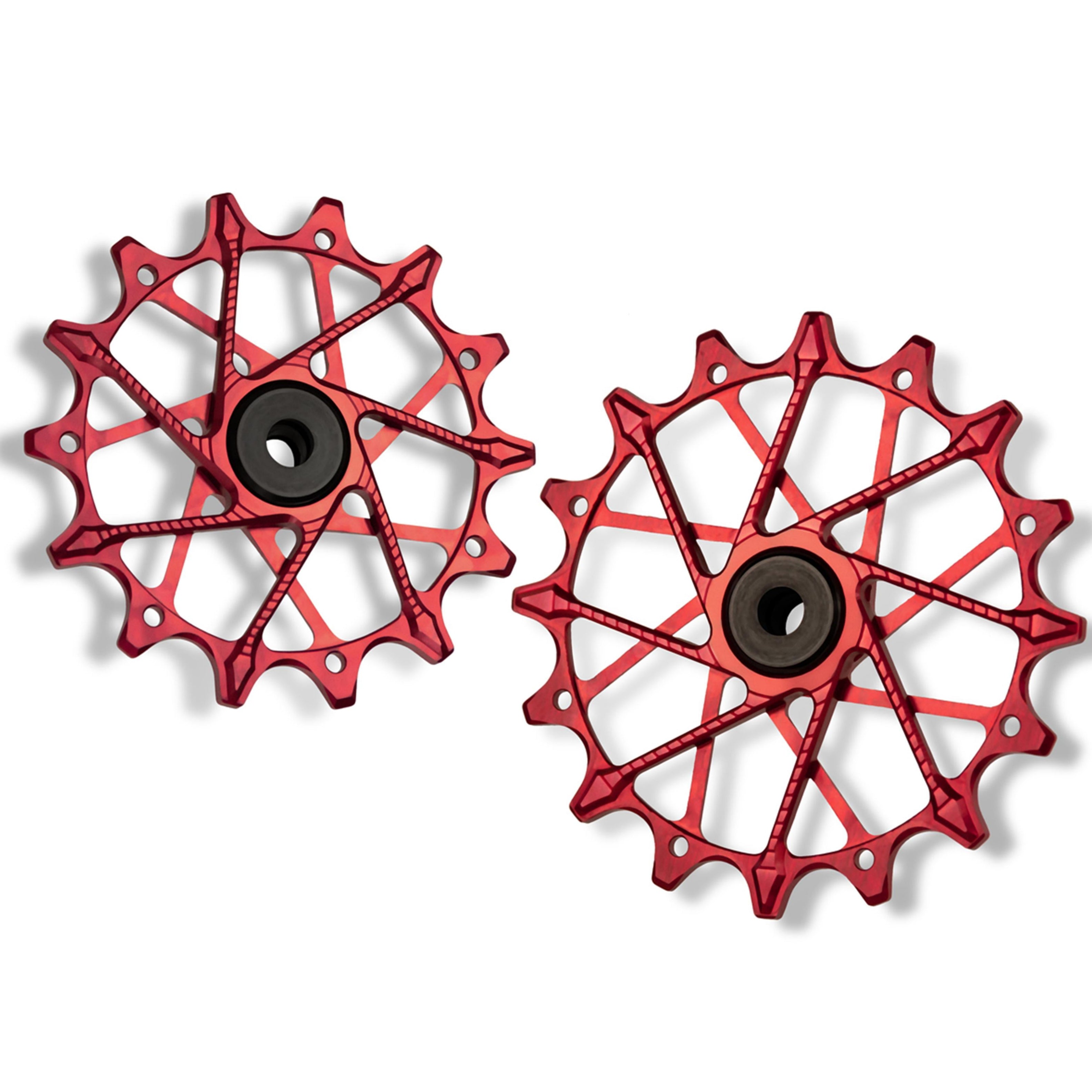 Garbaruk rear derailleur pulleys for Shimano, red, 14T + 16T tooth combo, designed for 12-speed MTB with Garbaruk cage for superior drivetrain efficiency