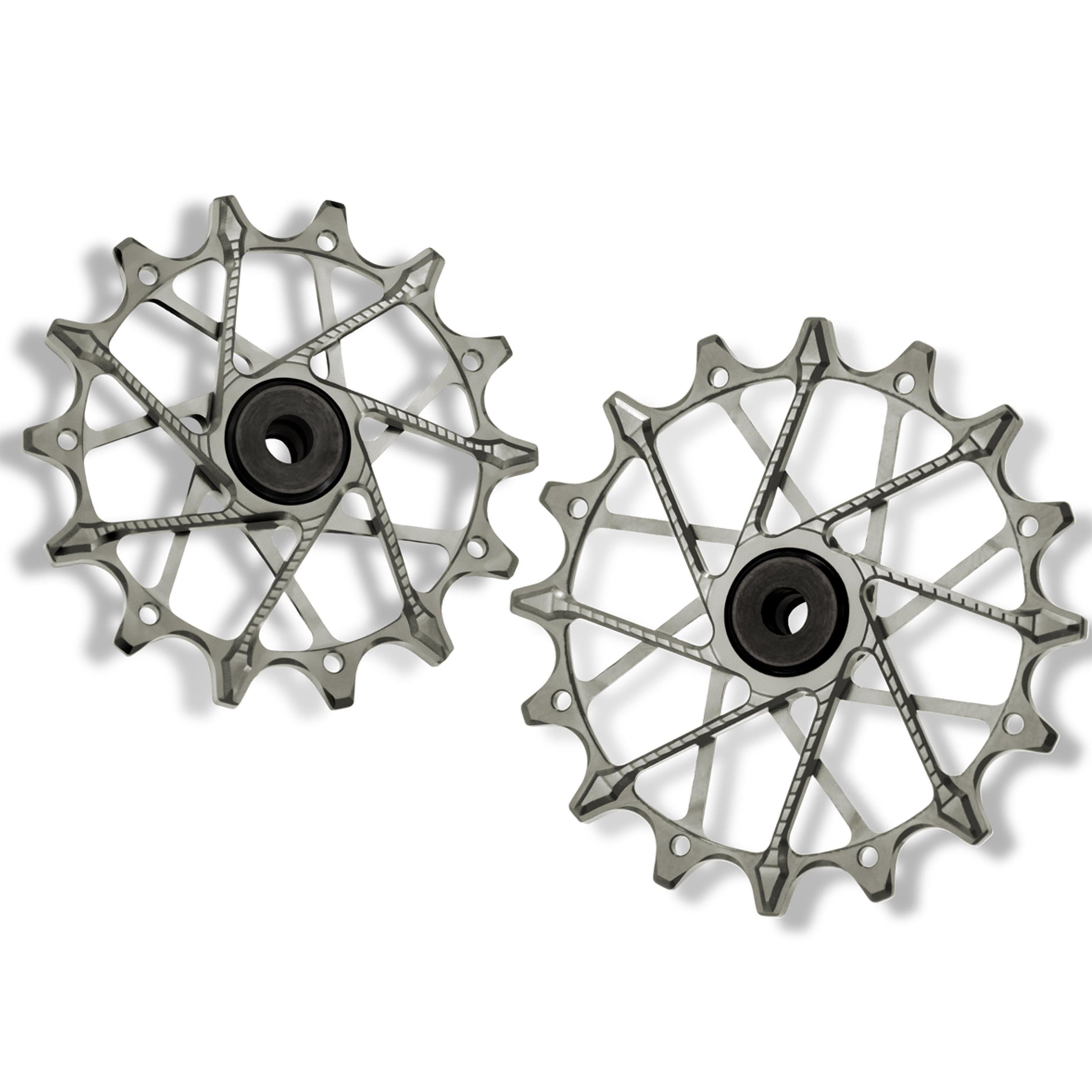 Garbaruk rear derailleur pulleys for Shimano, silver, 14T + 16T tooth combo, designed for 12-speed MTB with Garbaruk cage for superior drivetrain efficiency