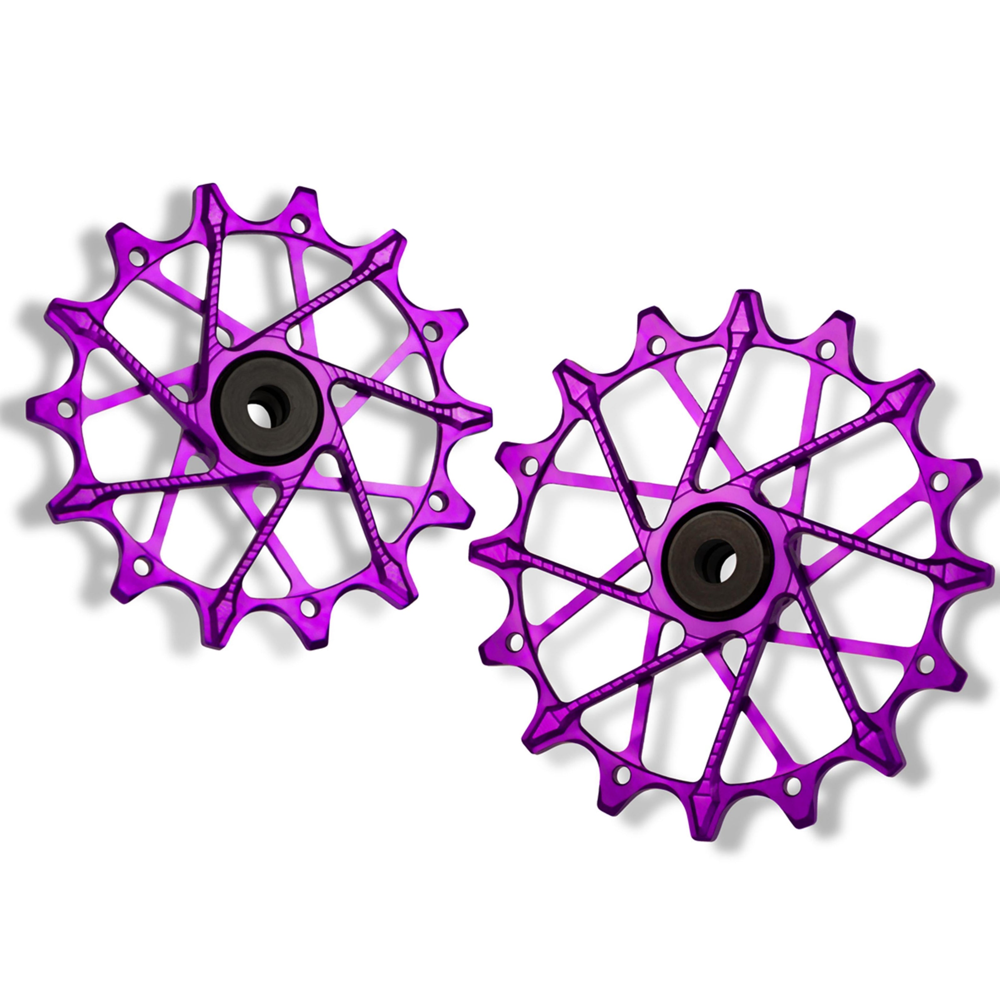 Garbaruk rear derailleur pulleys for Shimano, violet, 14T + 16T tooth combo, designed for 12-speed MTB with Garbaruk cage for superior drivetrain efficiency