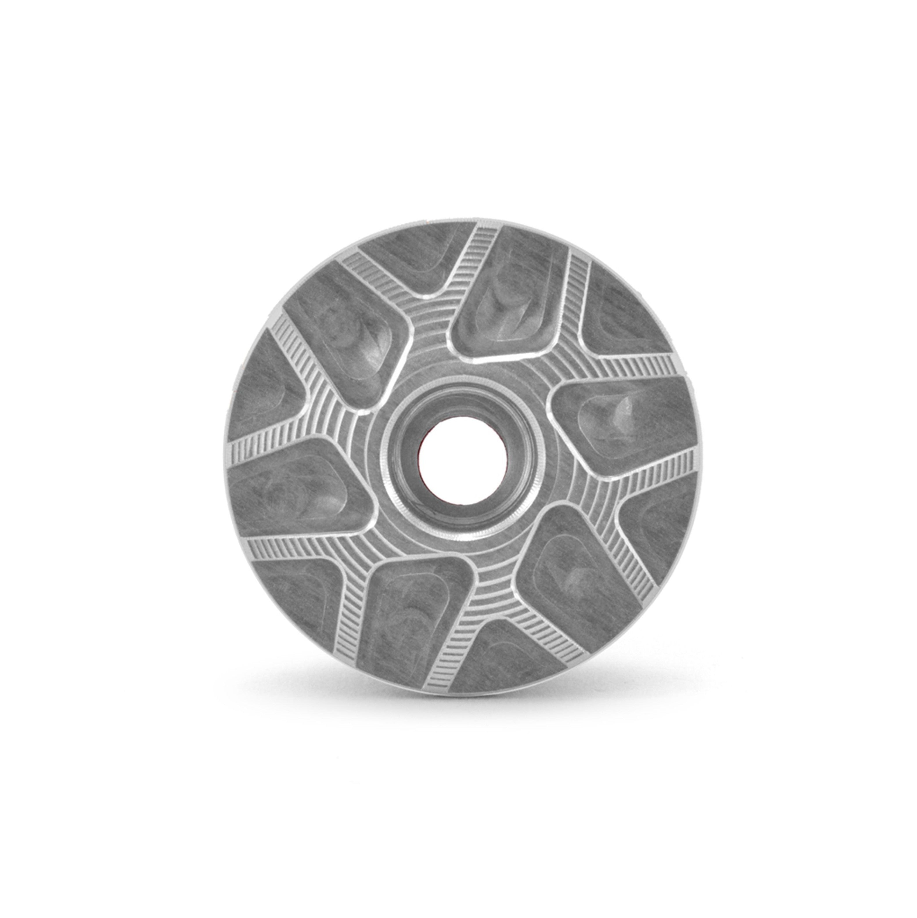Garbaruk top cap in silver, showcasing CNC-machined detailing and precision-engineered finish