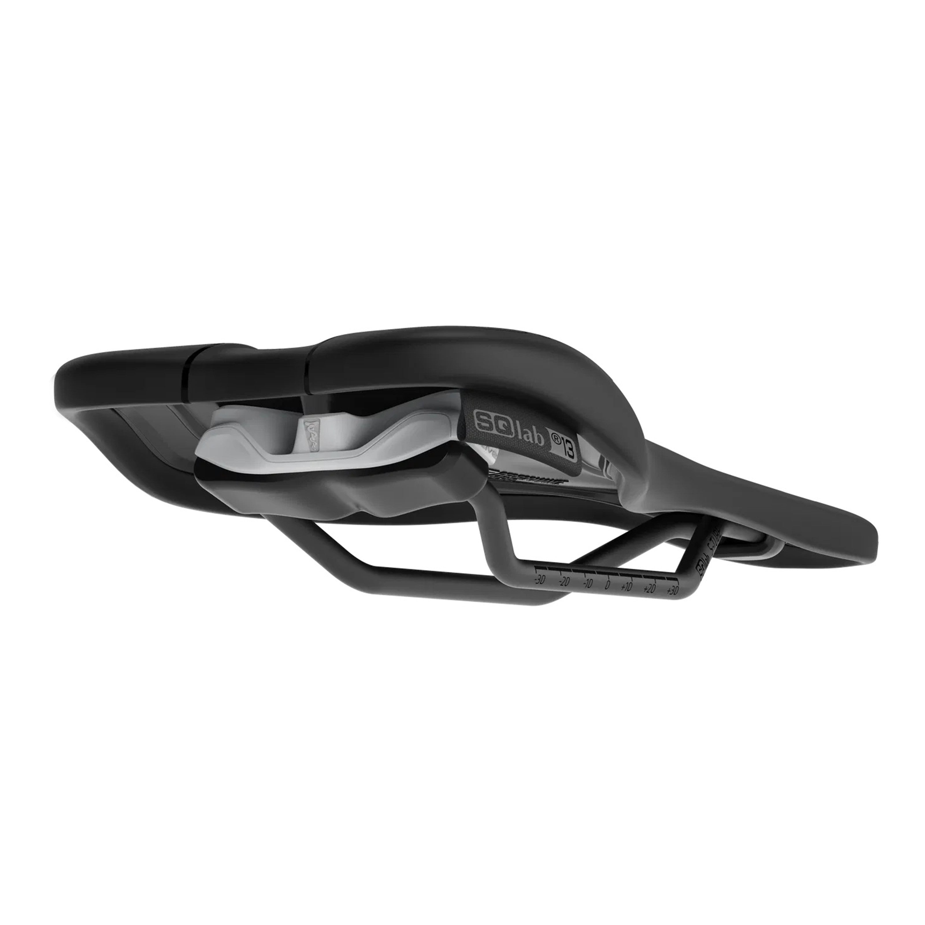 Angled underside view of SQLab 612 Ergowave Active 2.1 saddle showing base construction and active damping