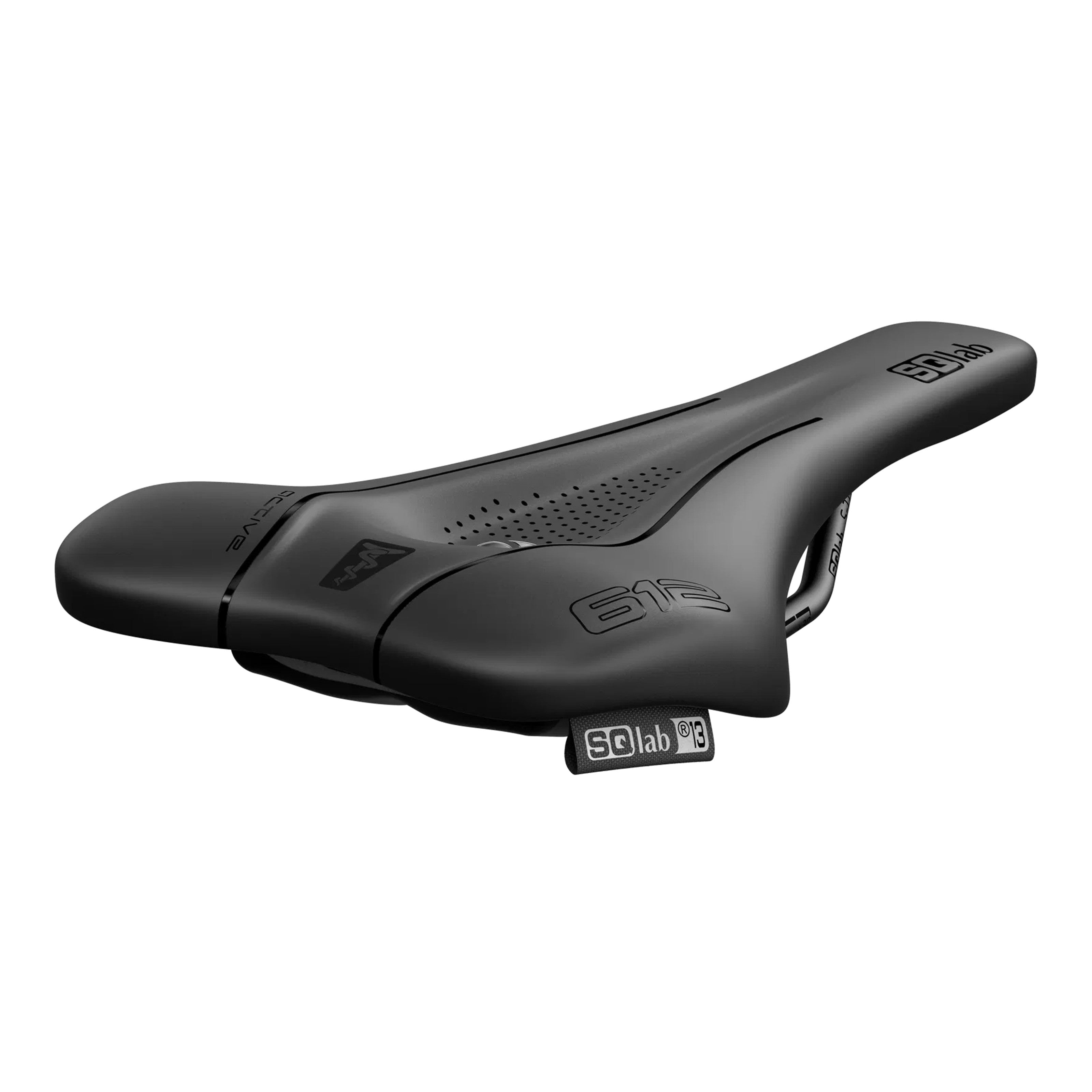 Angled topside rear view of SQLab 612 Ergowave Active 2.1 saddle, showing supportive waved shape and sleek design