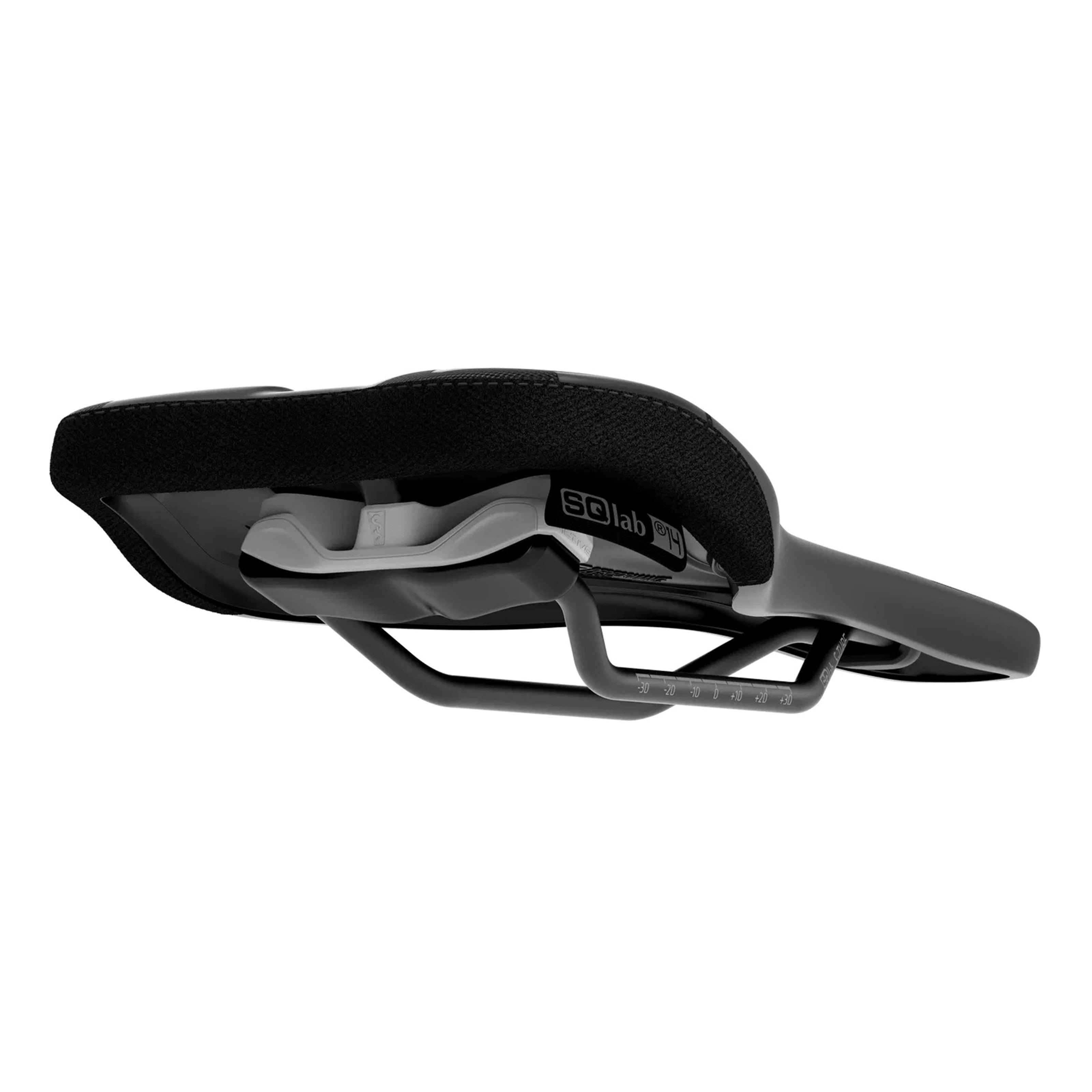 Underside view of SQLab 60X Ergowave Active 2.1 saddle, revealing shell structure and active damping mechanism