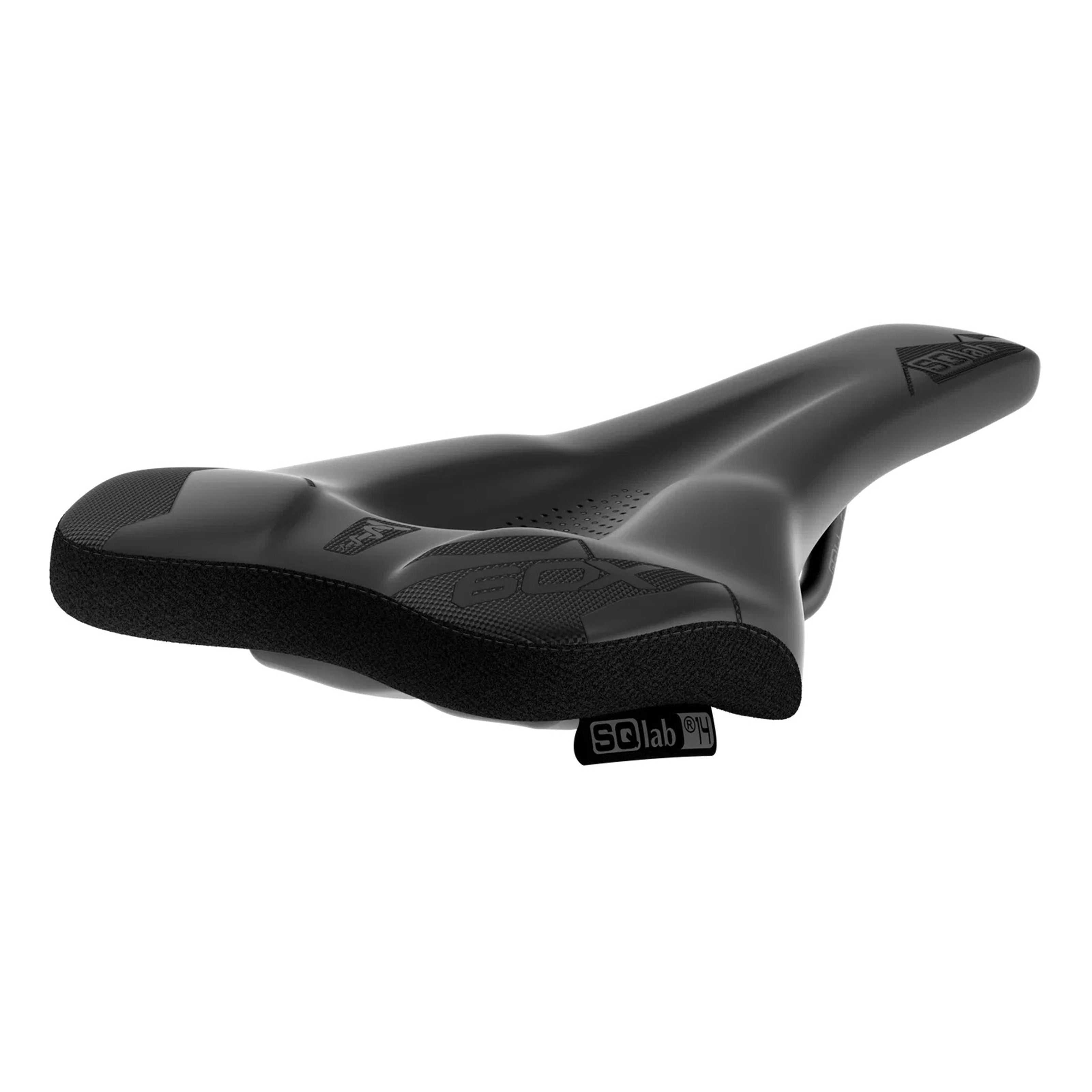 SQLab 60X Ergowave Active 2.1 saddle, angled rear view showing wave-shaped profile for ergonomic support for mountain bikers