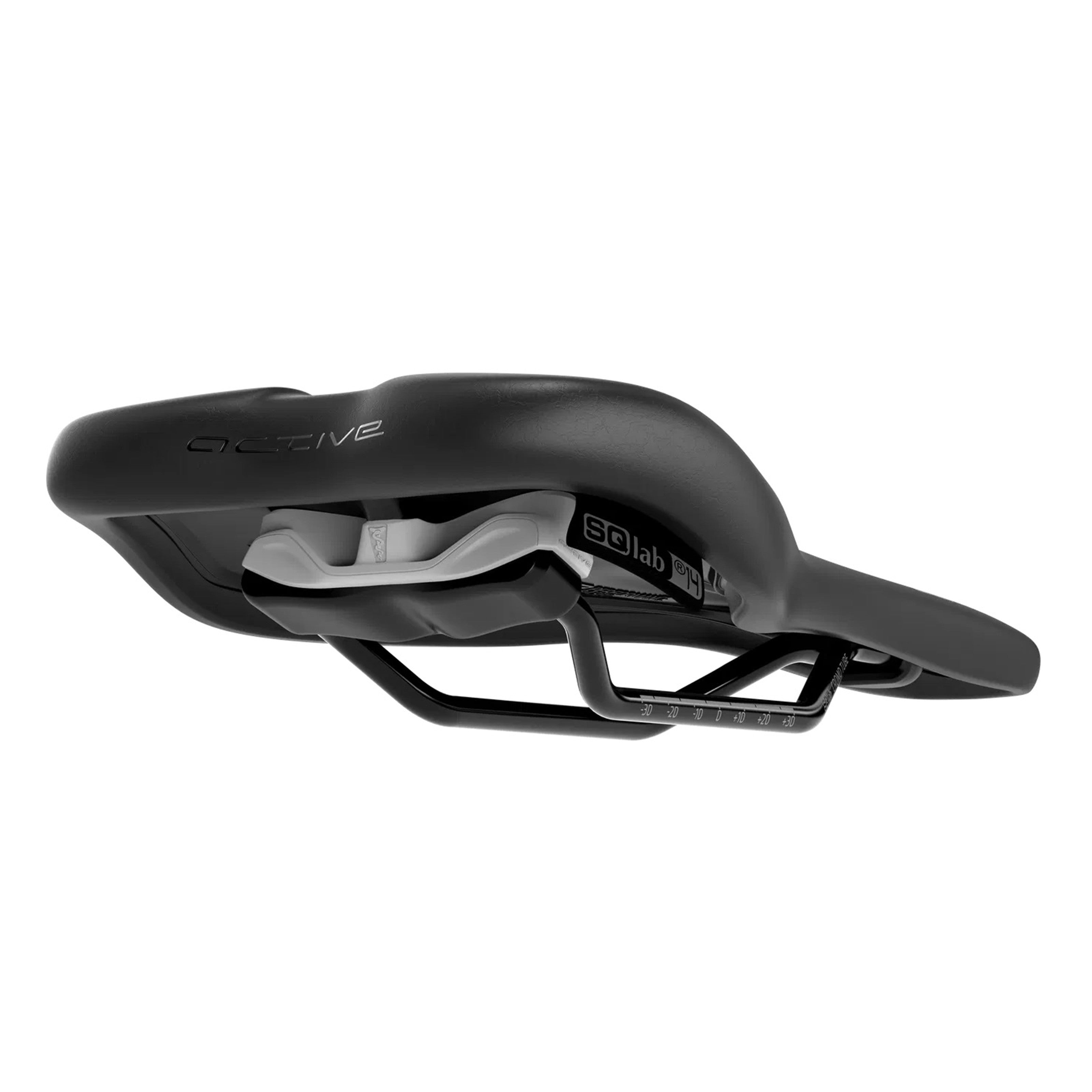 Angled underside view of SQLab 610 Ergolux Active 2.1 saddle showing construction details and Active Technology components
