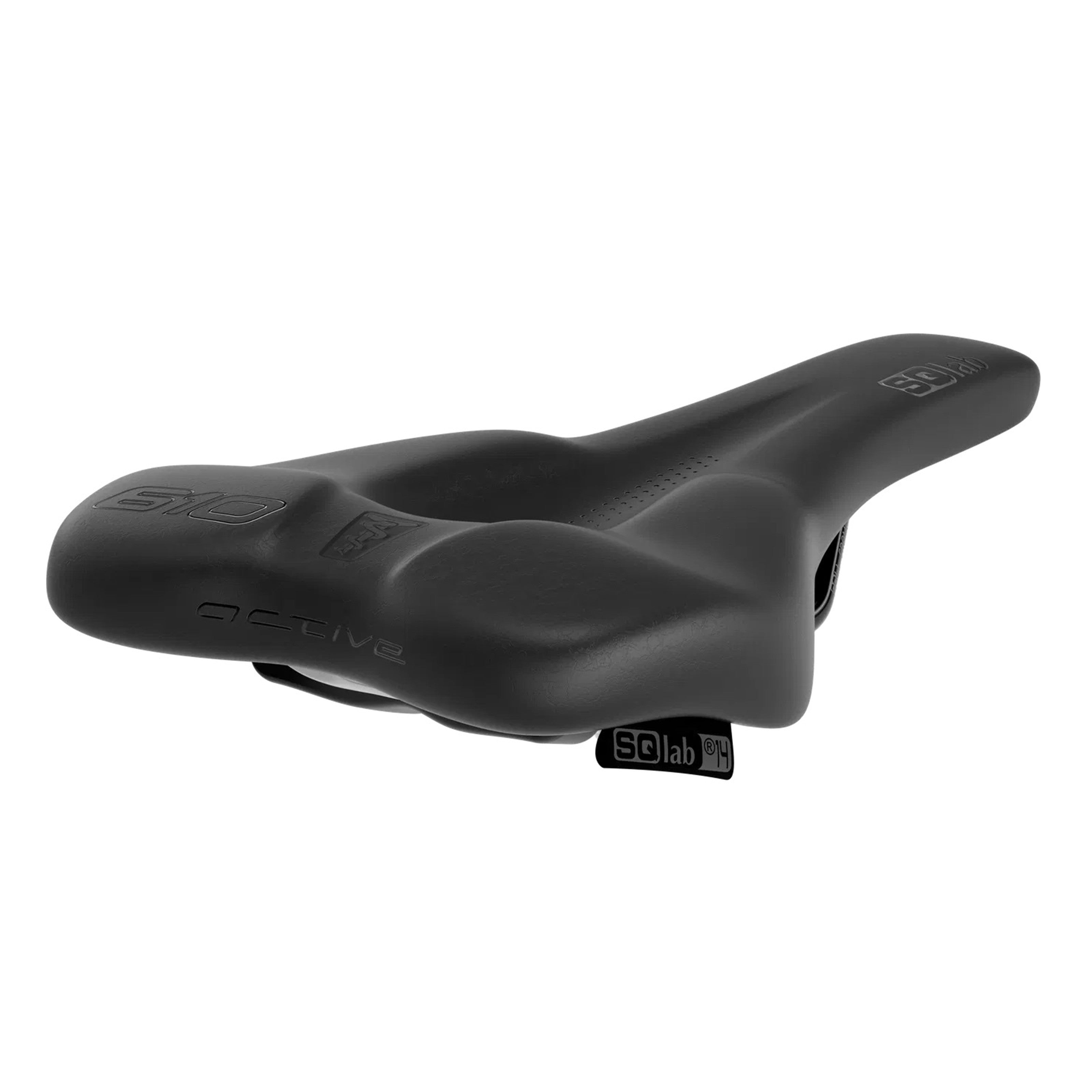 Angled top view of SQLab 610 Ergolux Active 2.1 saddle showing wave-like supportive design and pressure-relief areas