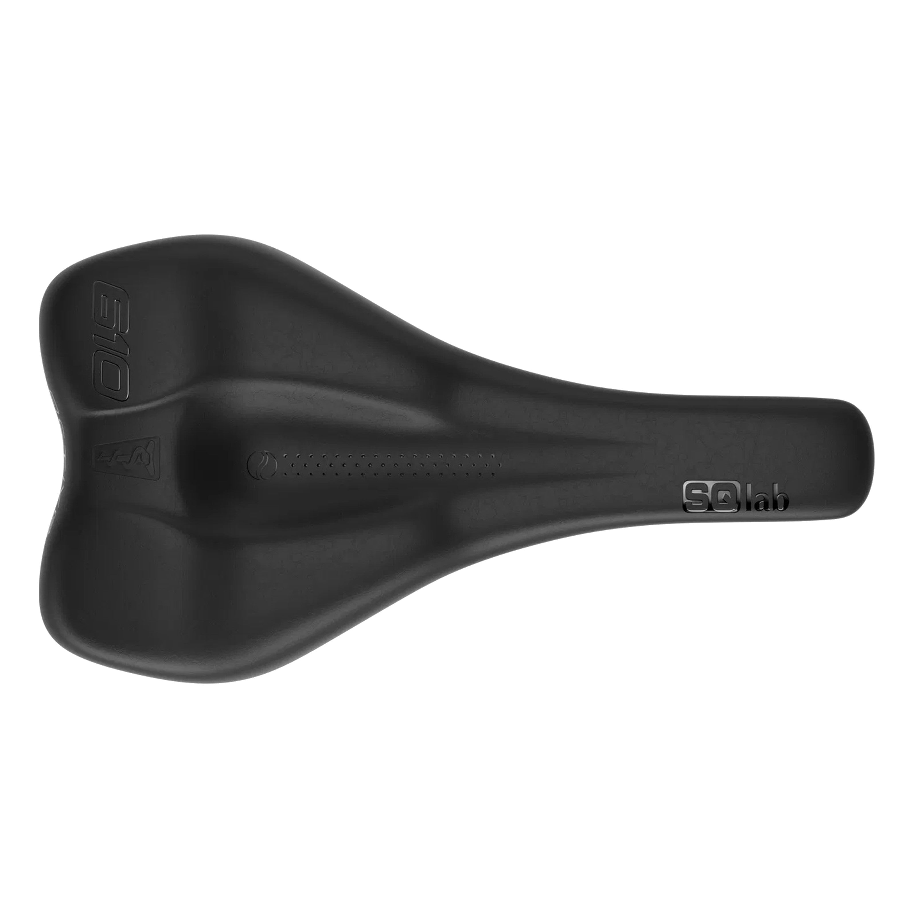 Top view of SQLab 610 Ergolux Active 2.1 saddle showing central relief channel and wide sit bone support area