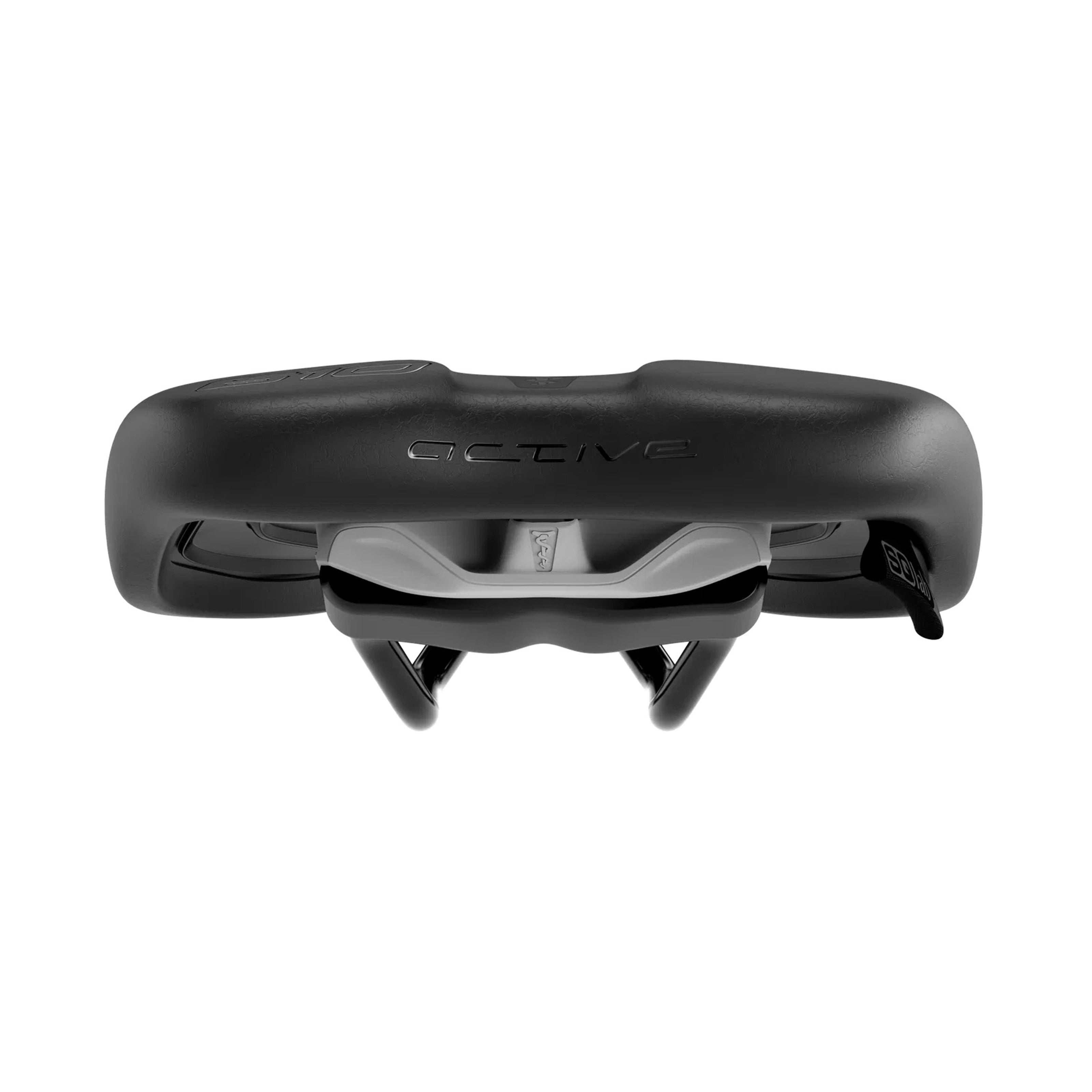 Rear view of SQLab 610 Ergolux Active 2.1 saddle focusing on width and contouring for stability and pressure relief