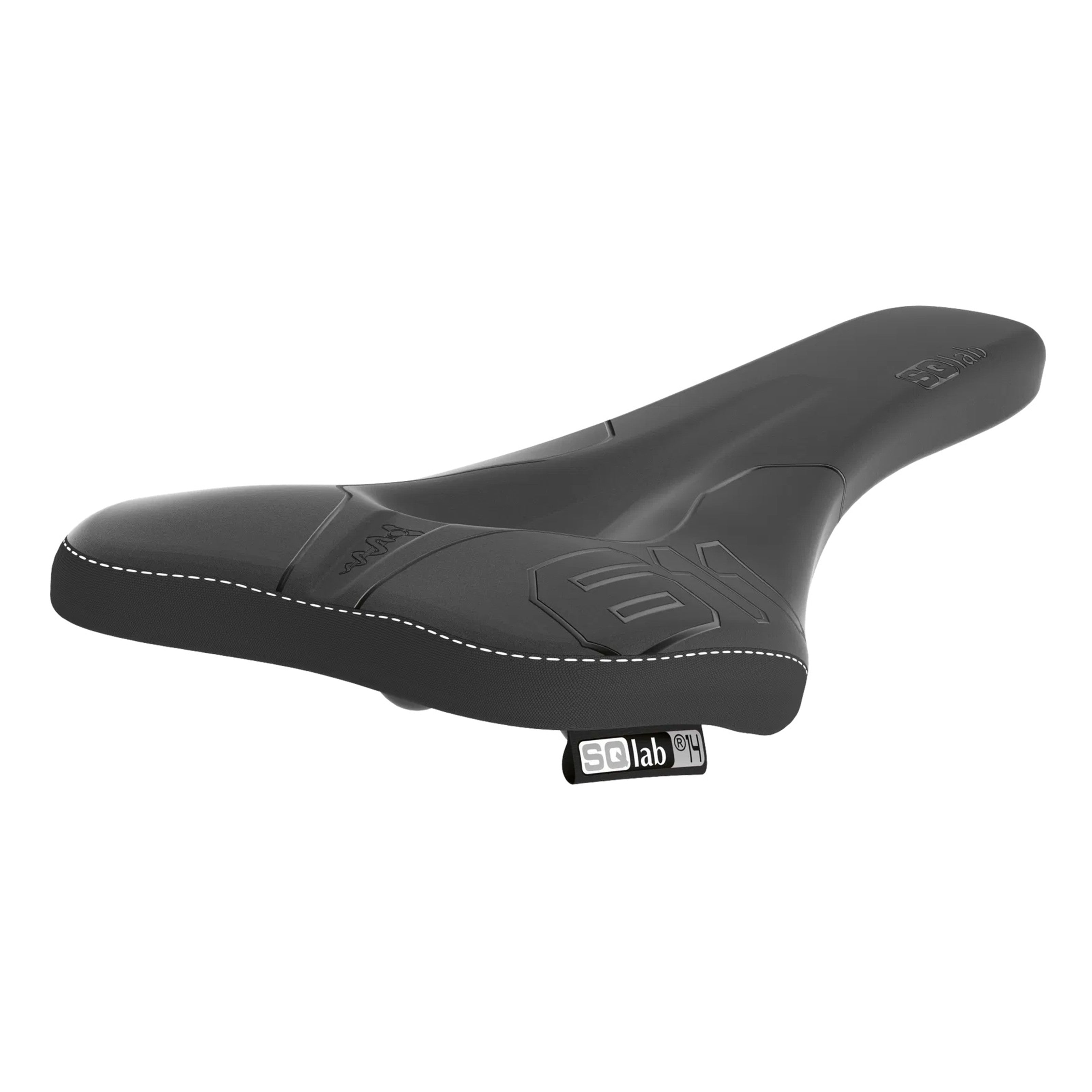 Angled topside view of SQLab 611 Ergowave saddle showing wave-like design and ergonomic elements