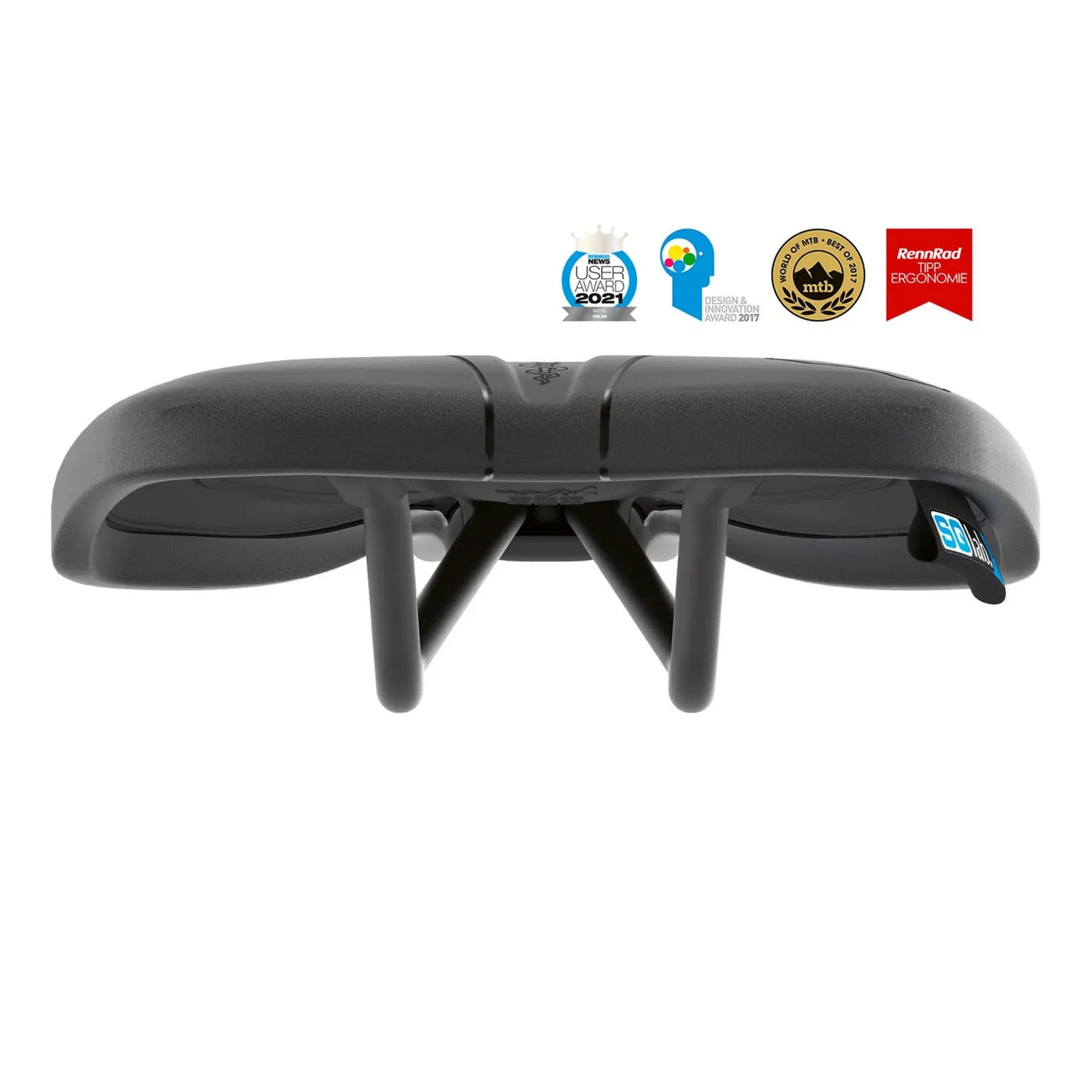 Rear view of SQLab 612 Ergowave saddle showing elevated rear section for sitbone support, and awards won for its design