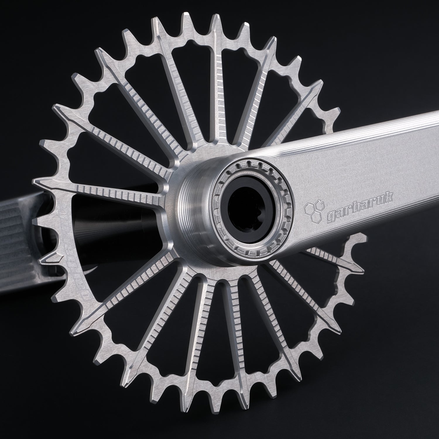 Garbaruk DM MTB chainring in silver, designed for mountain bike cranksets, showing precise CNC machining, mounted to a silver Garbaruk crankset