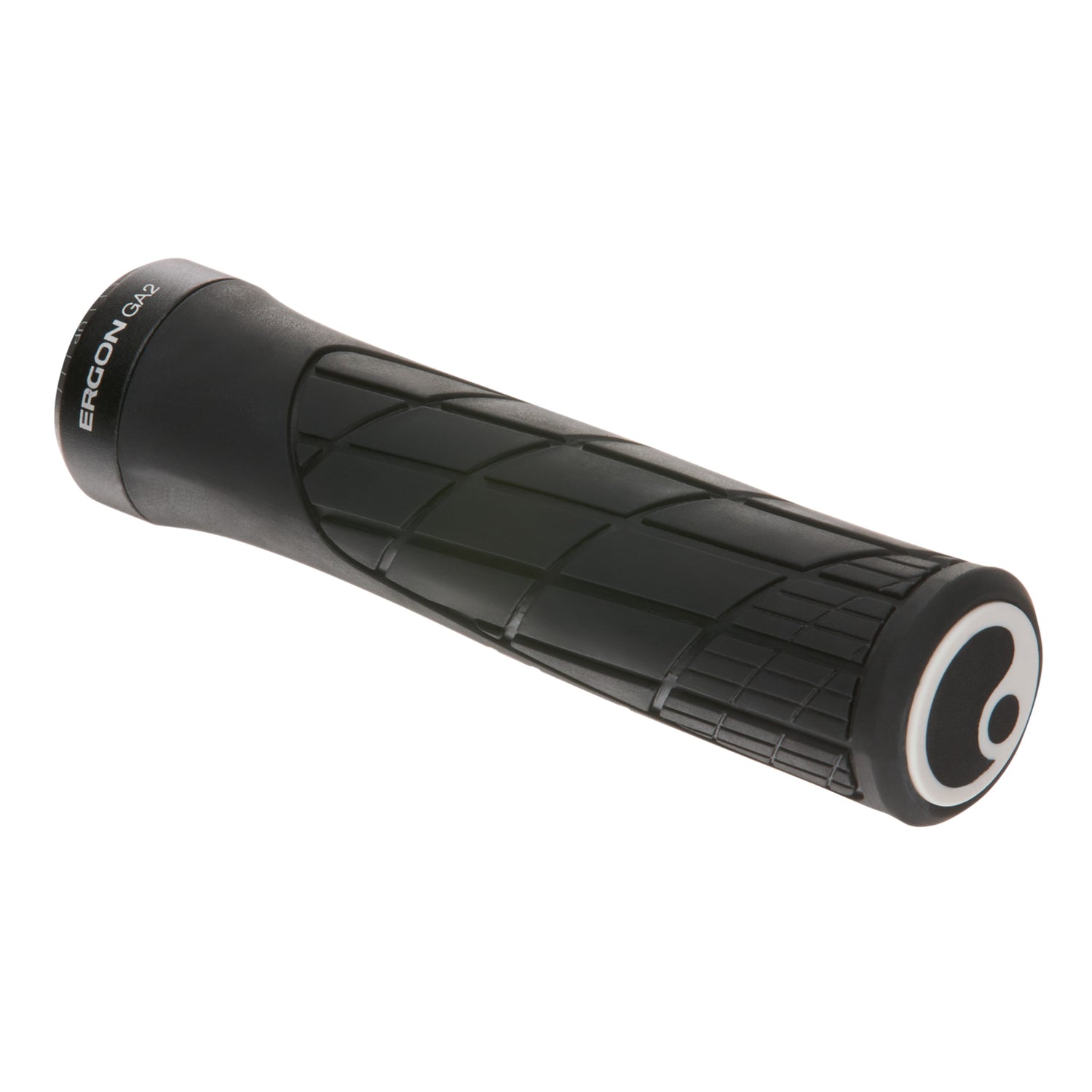Angled view of Ergon GA2 grips showing ergonomic shape and soft rubber texture