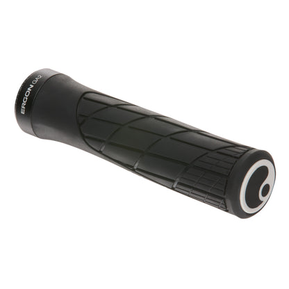 Angled view of Ergon GA2 grips showing ergonomic shape and soft rubber texture