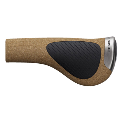 Top view of an Ergon GP1 Evo BioKork ergonomic bike grip with natural cork finish and winged design